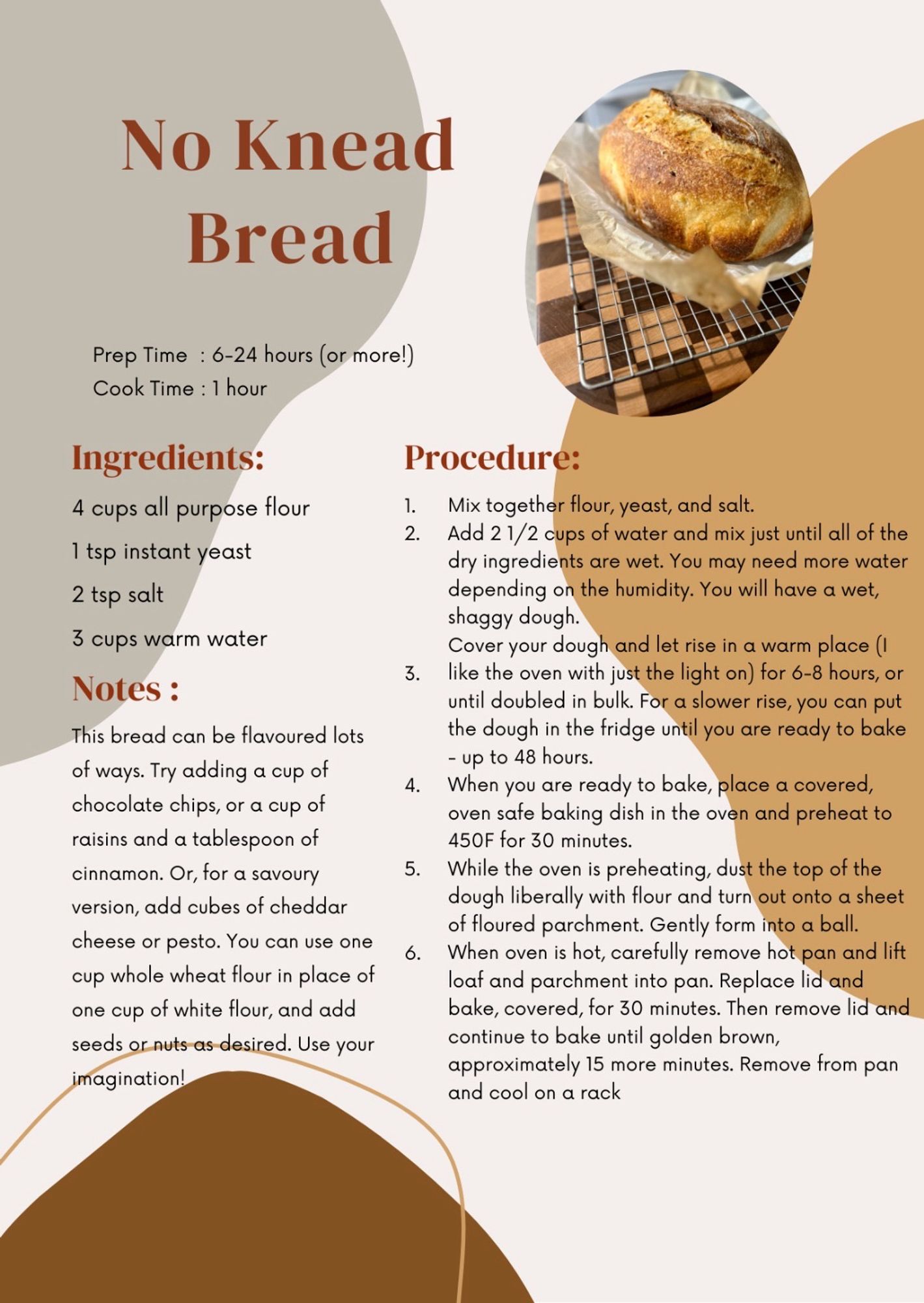 A recipe card detailing the recipe for no knead bread