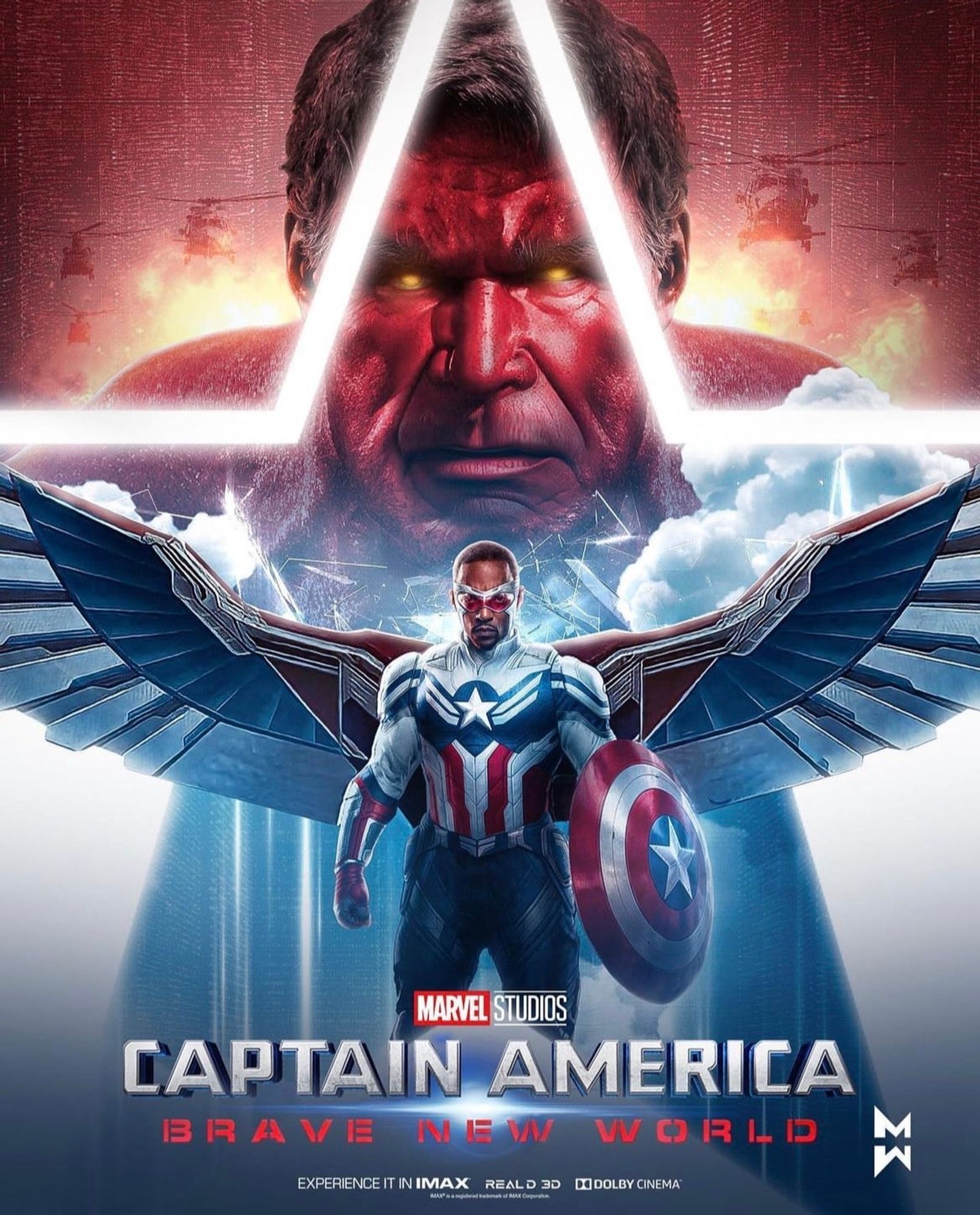 The poster for Captain America: Brave New World. Snowing Sam Wilson as Captain America with wings in front of a glowering Red Hulk.