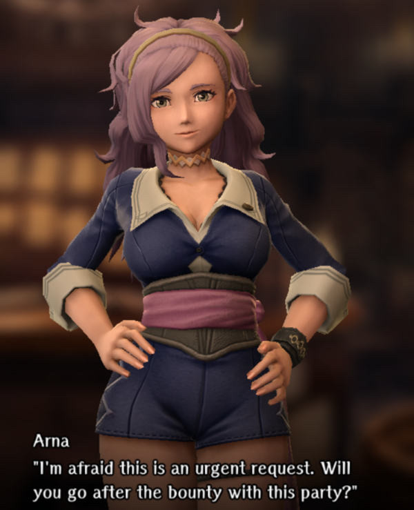 This is Arna at the Adventurer's Guild. She helps you out by getting quests and stuff.