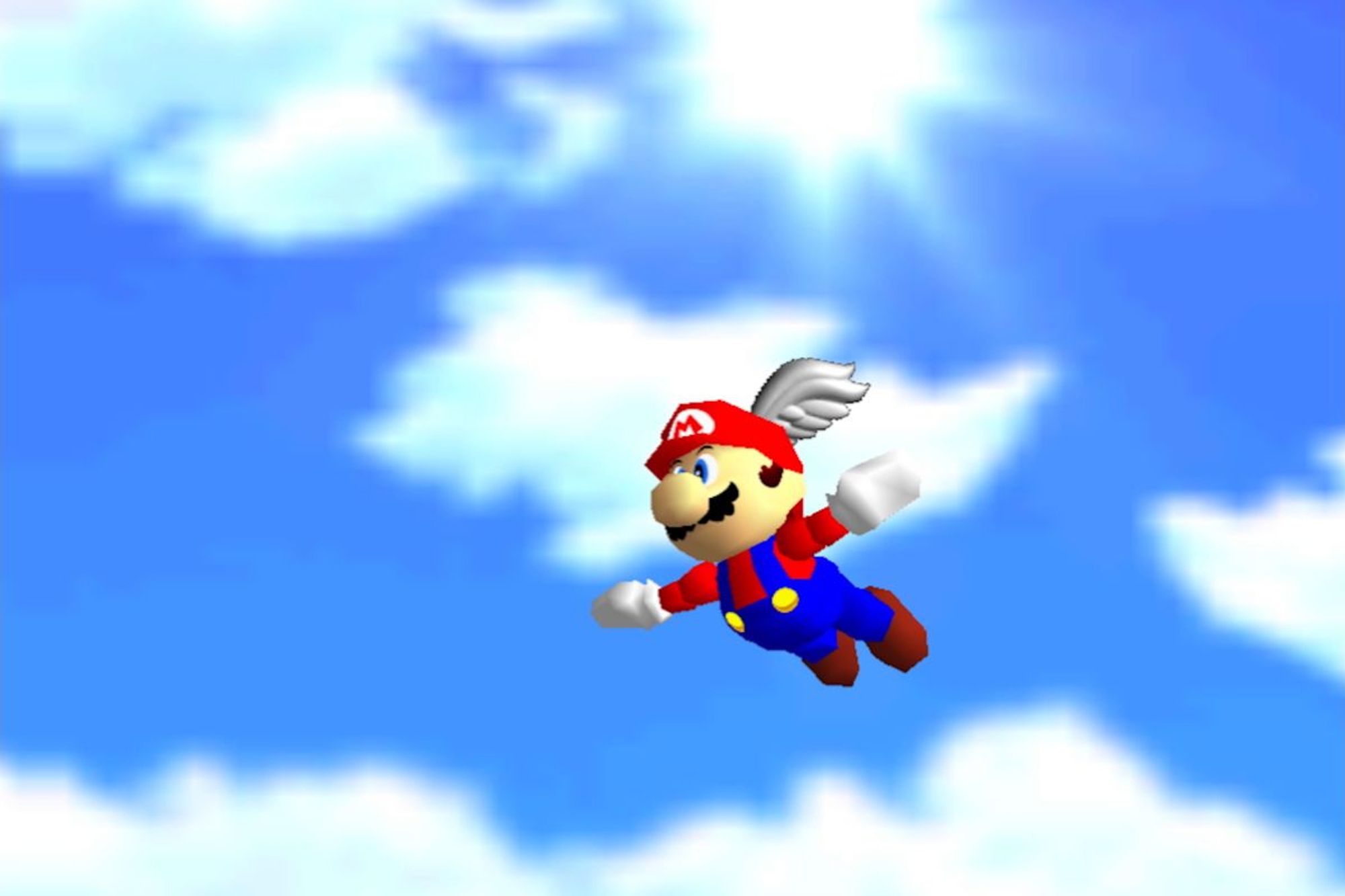 image of a pixelated Mario, winged in hat, floating into a blue sky