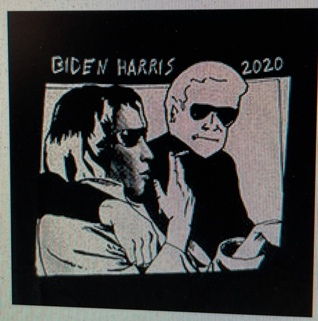 Biden Harris 2020 t-shirt design in the style of the black and white comic panel image widely recognized as the cover to Sonic Youth album GOO, soon to be reissued and available for purchase online or in person via Y Que Trading Post in Los Angeles