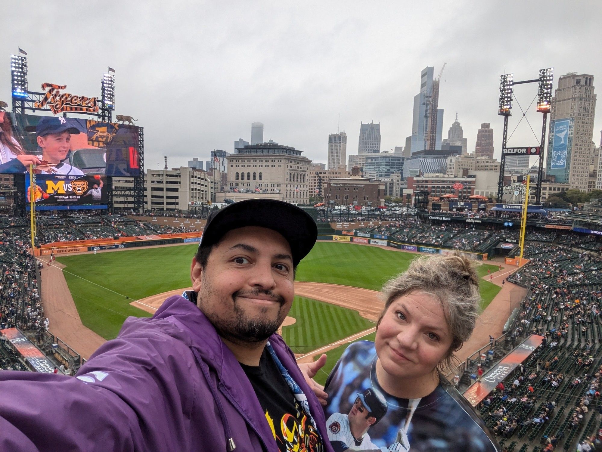 Greg and Maija in Comerica Park with the Detroit Skyline behind us