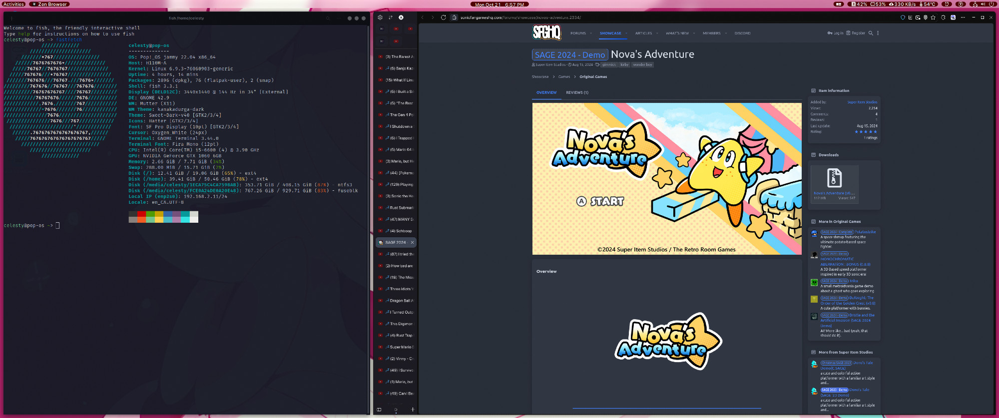 A screenshot of a Pop_OS! desktop running the Gnome desktop tweaked with pink and black theming, a terminal on the left and Zen browser on the right with a indie game called Nova's Adventure open