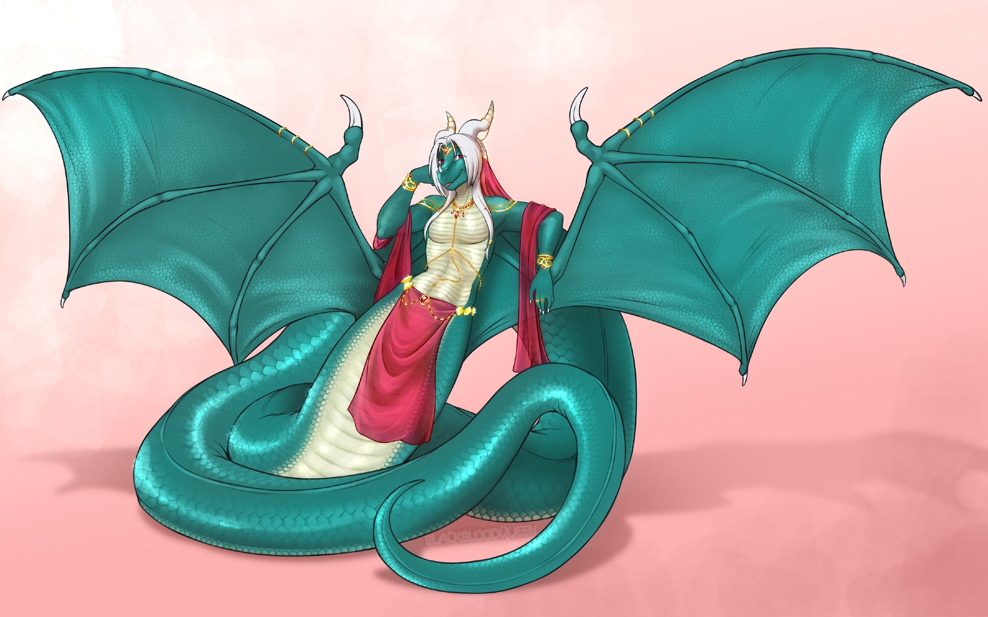 A dragon naga lounging on their coils dressed in loose flowing clothes with some gold and gem jewelry looking at the viewer. You should give her a hug~