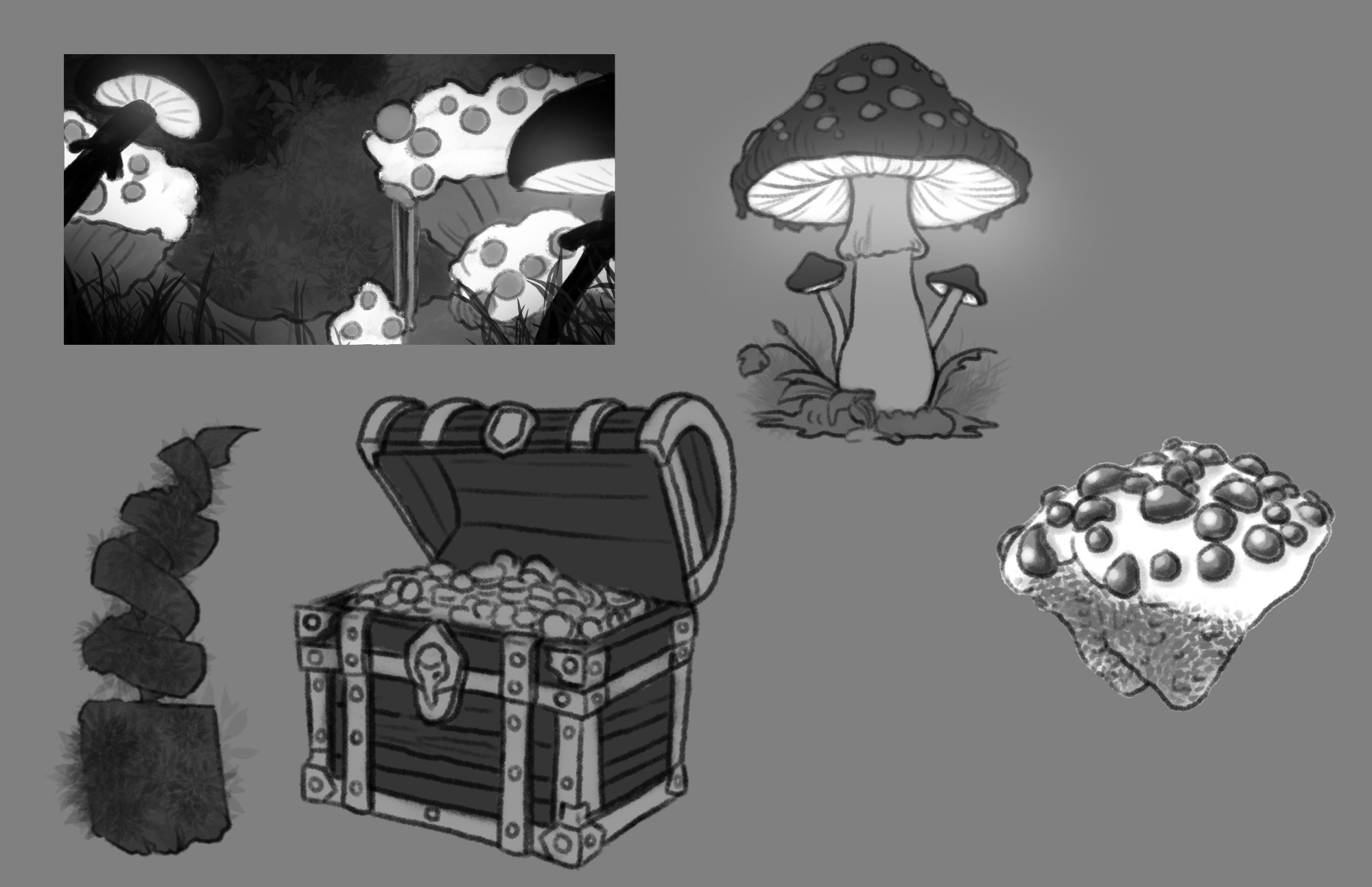 Concept art of objects from a forest scene filled with mushrooms for an animated children's film, including a few giant glowing mushrooms, a treasure chest, and a topiary.