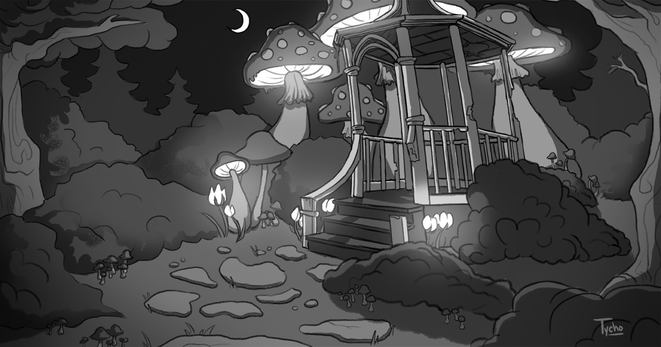 A black and white illustration of a gazebo in a fairy forest filled with glowing mushrooms and flowers. A path leads through bushes and trees to the gazebo.