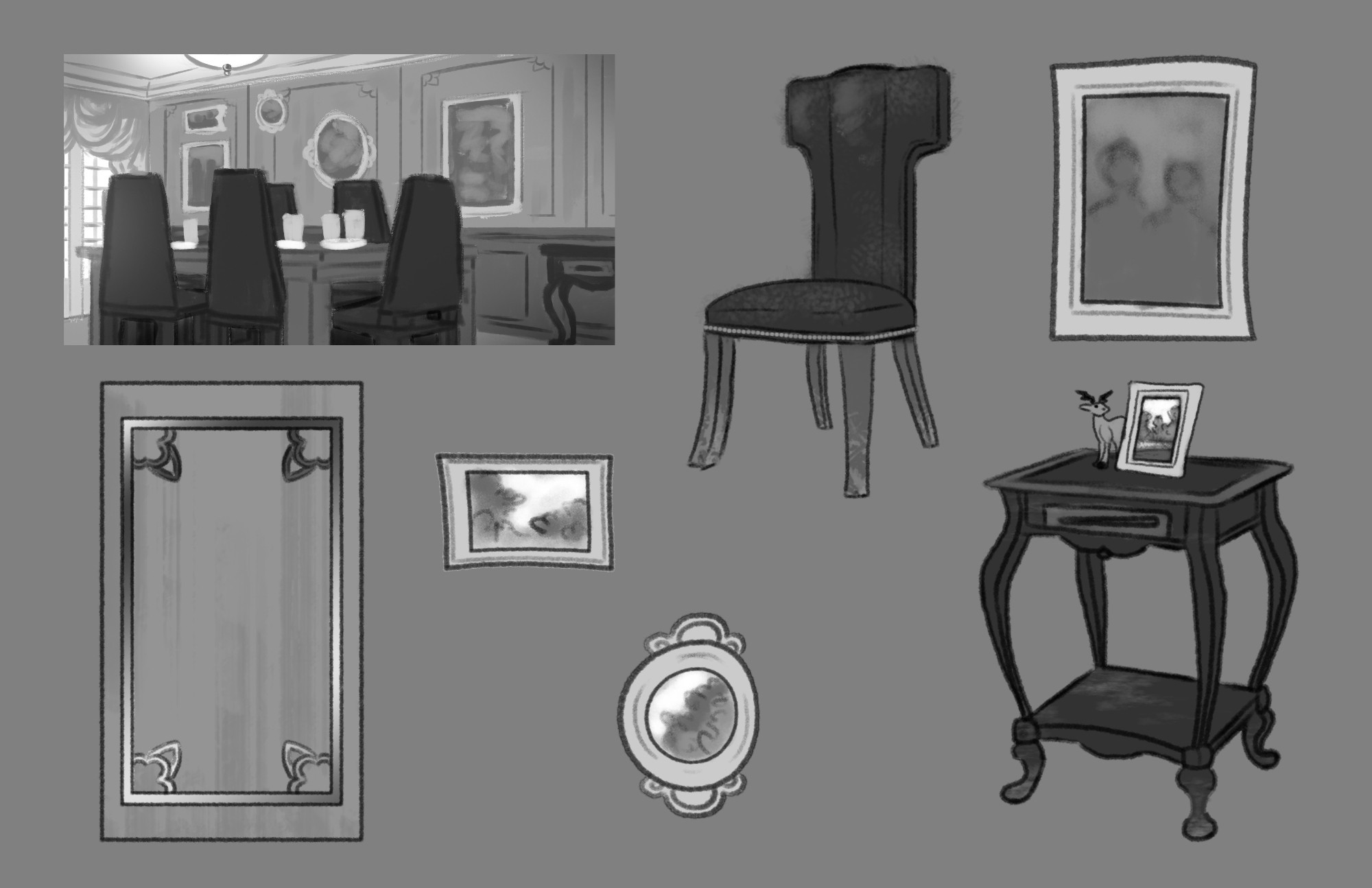 Concept art of objects from a dining room filled for an animated children's film, including a chair, picture frames, a side table, and wall panel.