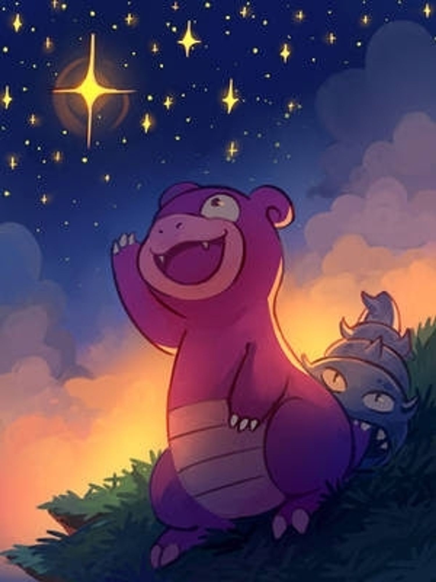 Art by Flavia-Elric on DeviantArt of Slowbro at twilight, wearing a large, wondrous grin and reaching towards the starry sky