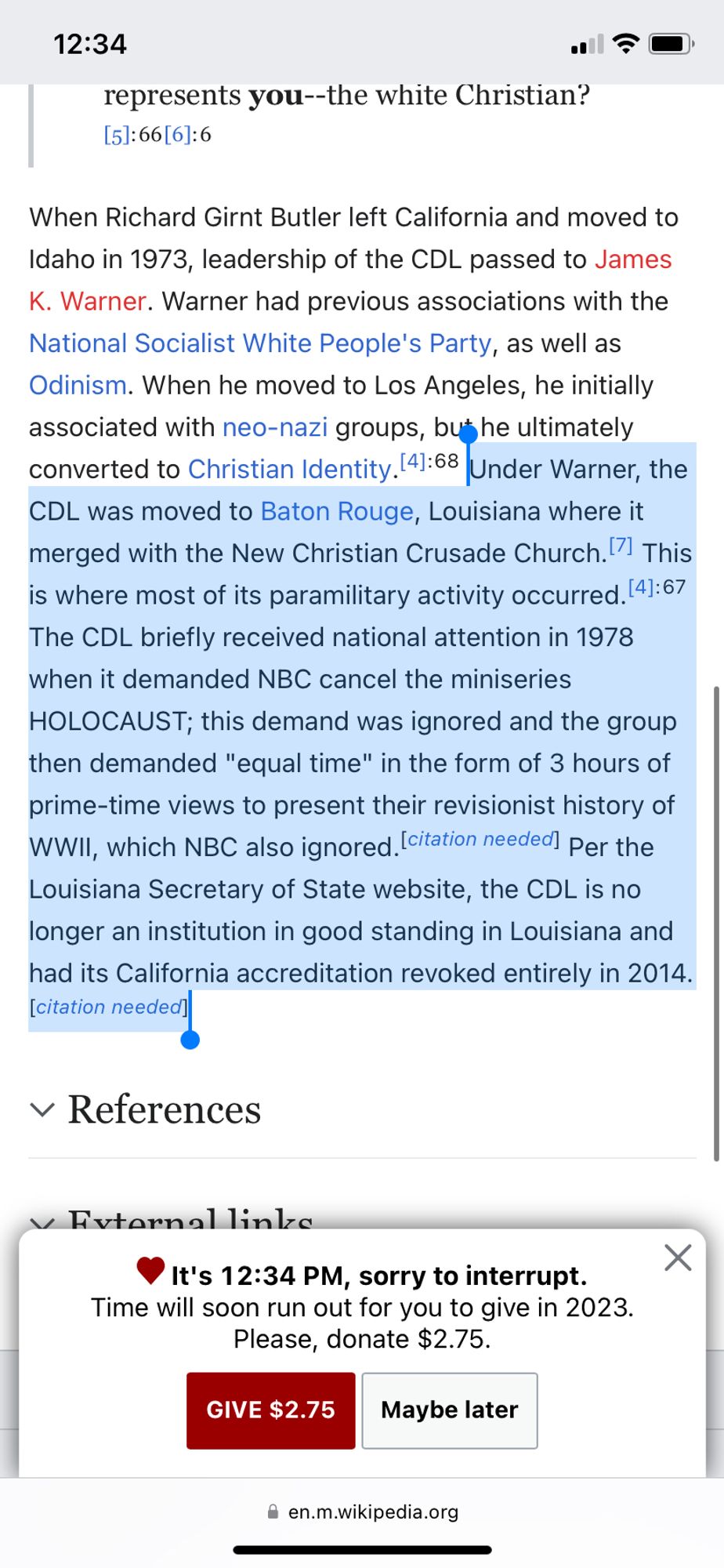 Screenshot of Wikipedia entry on Christian Defense League