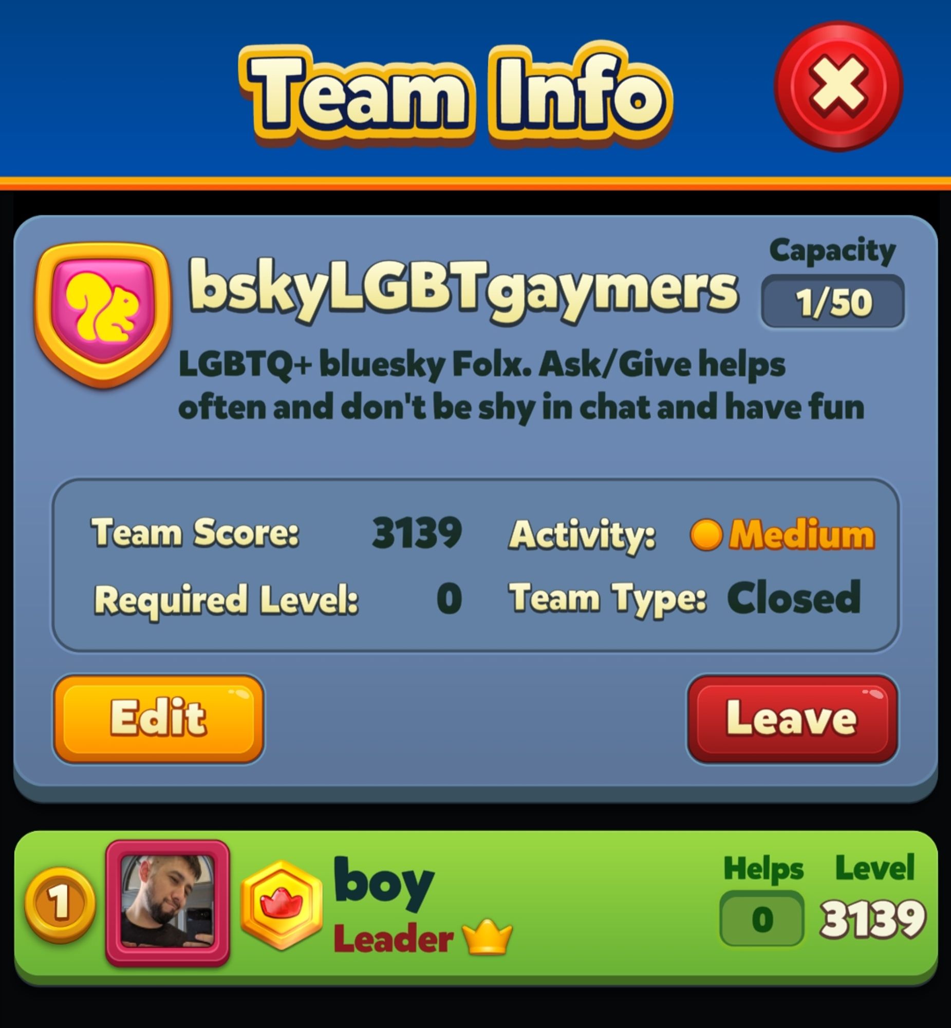 Screenshot of Royal Match Team Info page that shows my team, the bskyLGBTgaymers. The screen shows me, "boy" as the leader.