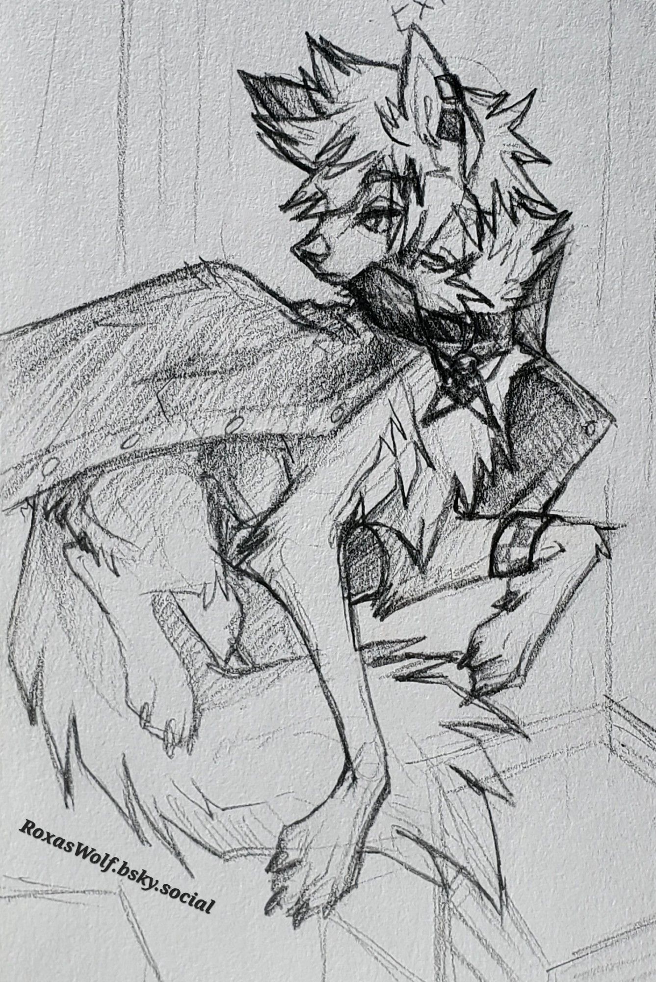 Sketch of Wolf!Roxas floating above loosely drawn-in buildings of a city. He is wearing a dark cape that is loosely based off of the coat Neo wears in The Matrix Reloaded. He wears a collar with a four-pointed star symbol reminiscent of the Nobody symbol, his checker armband, and a one black and one white ear piercing in his left ear.