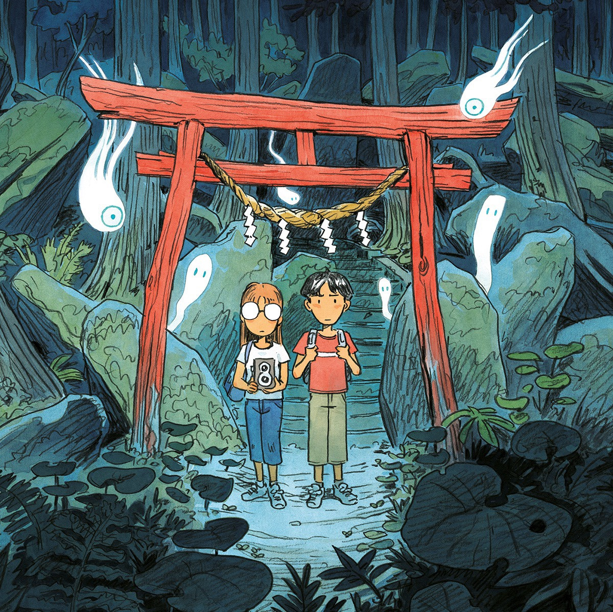 A watercolor painting with 2 travellers in front of a Japanese torii in the forest, surrounded with spirits.