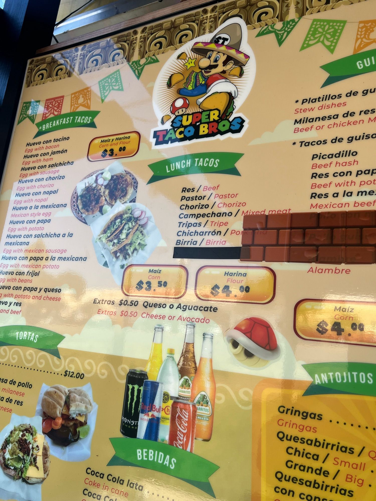 The menu of the food truck at Super Taco Bros