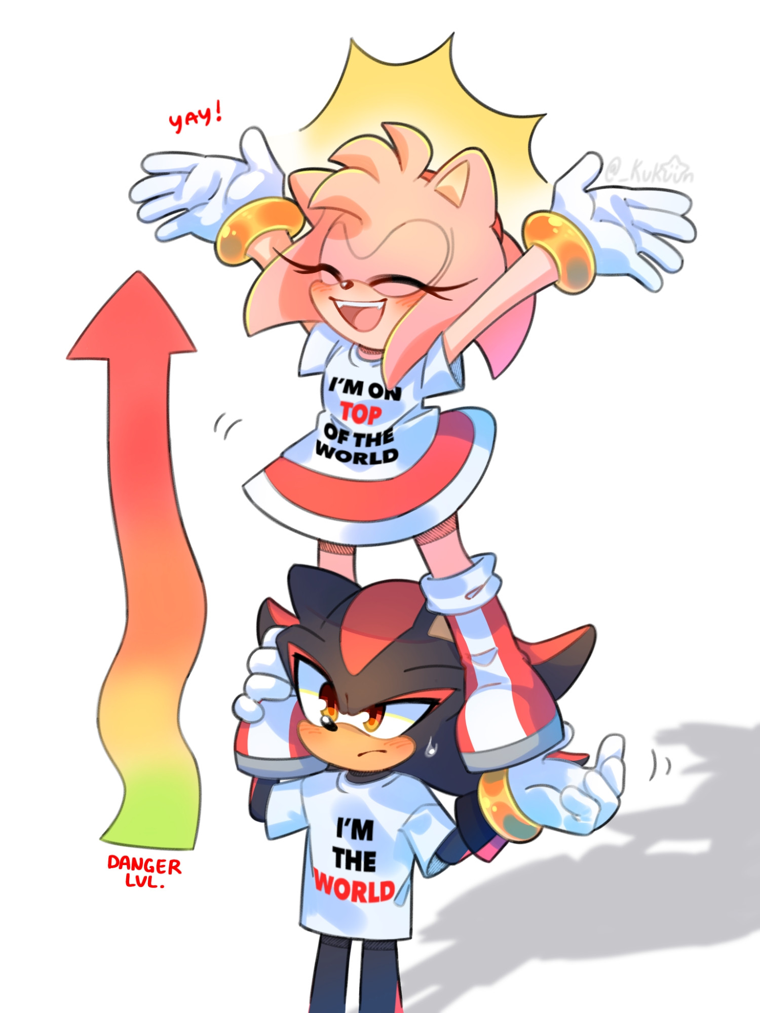 Amy Rose is happily balancing on Shadow's shoulders. Shadow looks concerned.

Amy is wearing a shirt that says "I'm on top of the world" meanwhile Shadow is wearing a shirt that says "I'm the world".