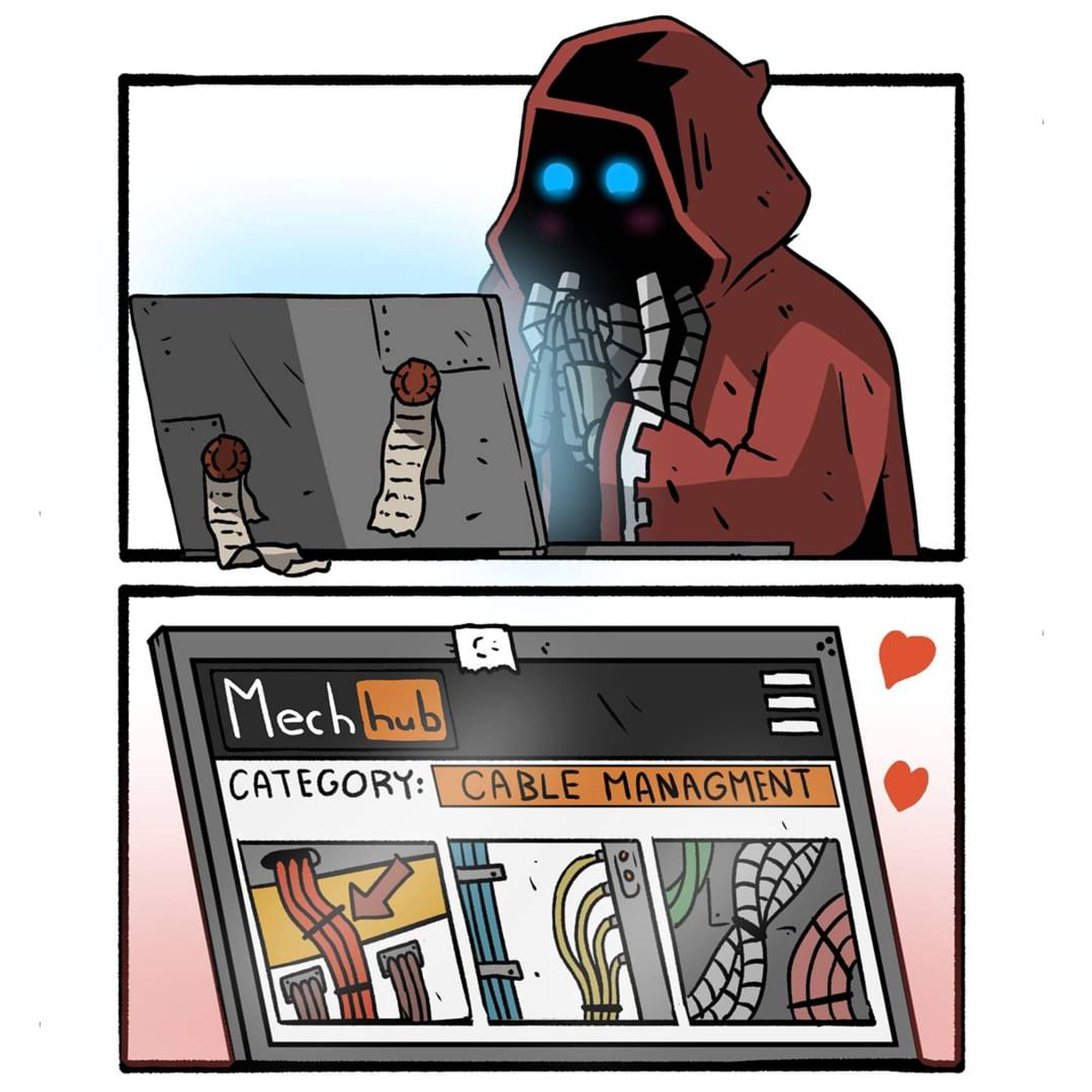 A robed member of the adeptus mechanicus is using a laptop. The laptops screen reads "mechhub" in the style of the pornhub logo. The category is "cable management" and the screen depicts elegantly managed cables as the admech person emits loving hearts.