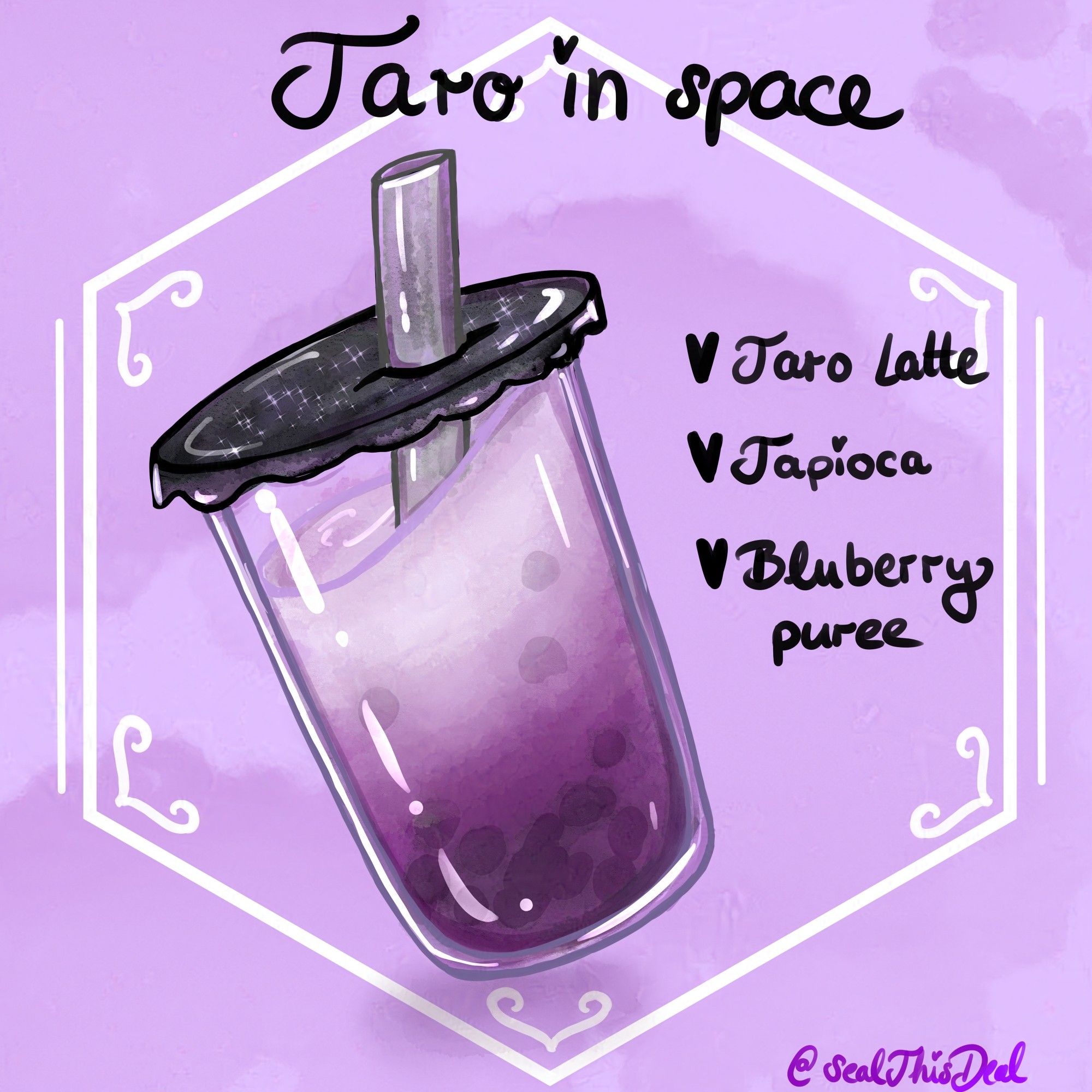 Taro latte bubbletea illustration inspired by the asexual pride flag, titled Taro in space from my LGBTeas series. Clear boba cup with black sparkling lid and grey straw. The tea fades from white to purple and has tapioca at the bottom. Colours are picked from the asexual pride flag.