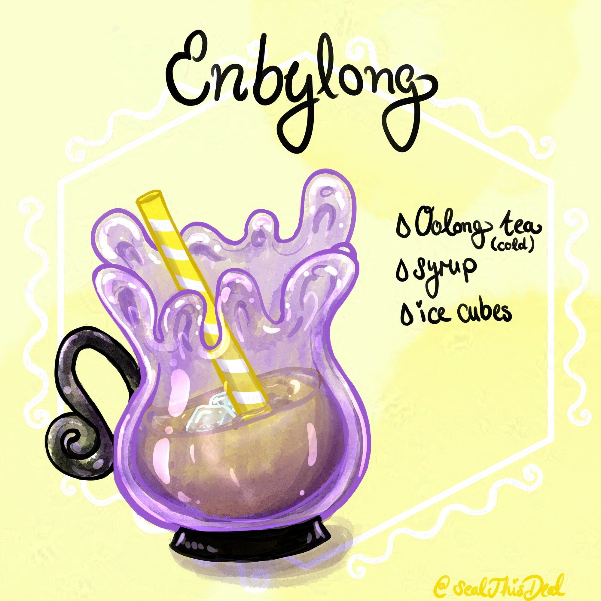 Oolong coldbrew illustration inspired by the Nonbinary pride flag, titled Enbylong from my LGBTeas series. Purple and black waterglass with yellow and white stripen straw. Colours are picked from the nonbinary pride flag.