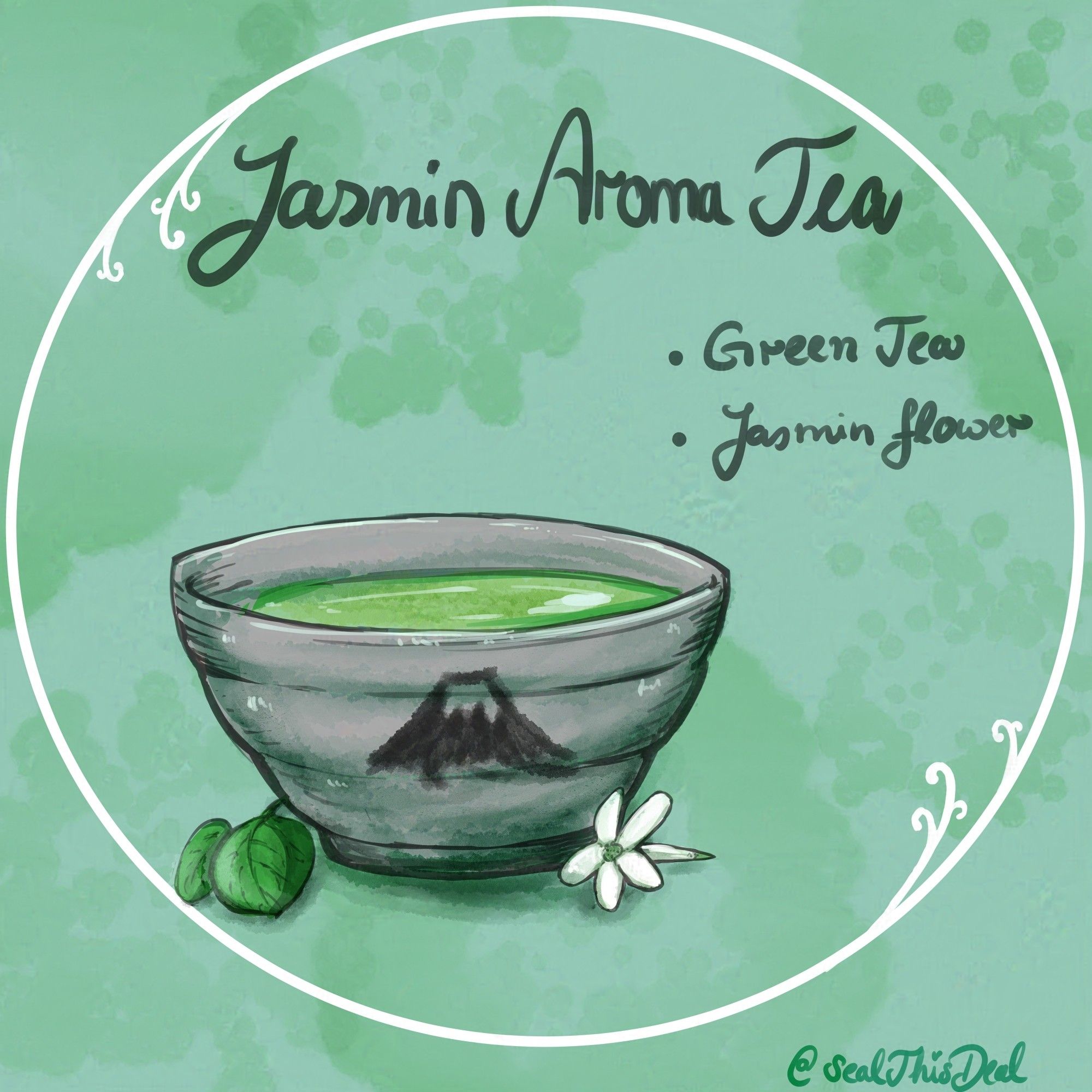 Jasmin tea illustration inspired by the aromantic pride flag, titled Jasmin Aroma Tra from my LGBTeas series. Grey japanese inspired tea cup with black Mt. Fuji glaze and green tea in it. Green tea leaves and white jasmin flower to the sides of the cup. Colours are picked from the aromantic pride flag.