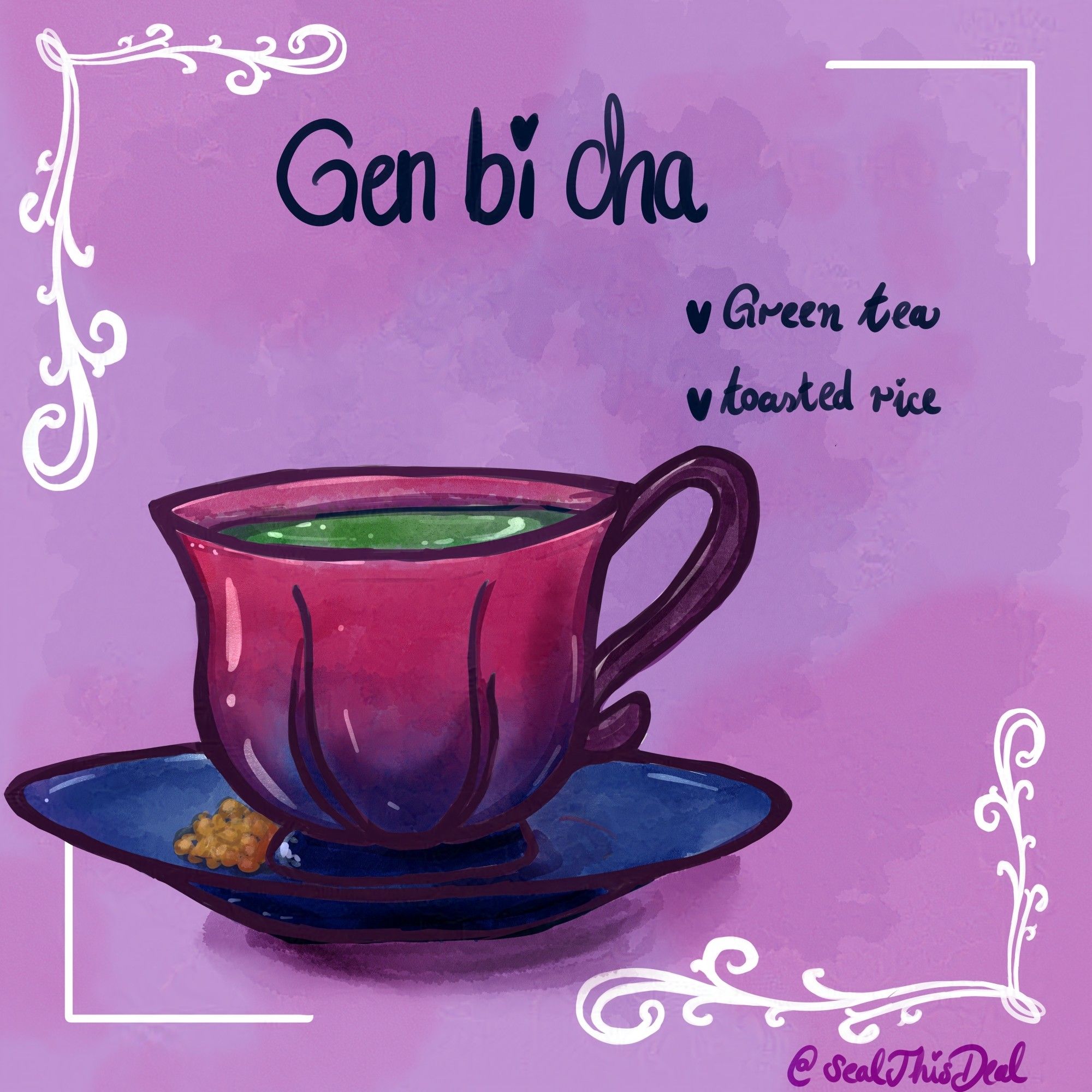 Gen bi cha illustration inspired by the bisexual pride flag, titled Gen bi cha from my LGBTeas series. Pink to blue gradient coloured tea cup with green tea (genmai cha) in it. Colours are picked from the bisexual pride flag.