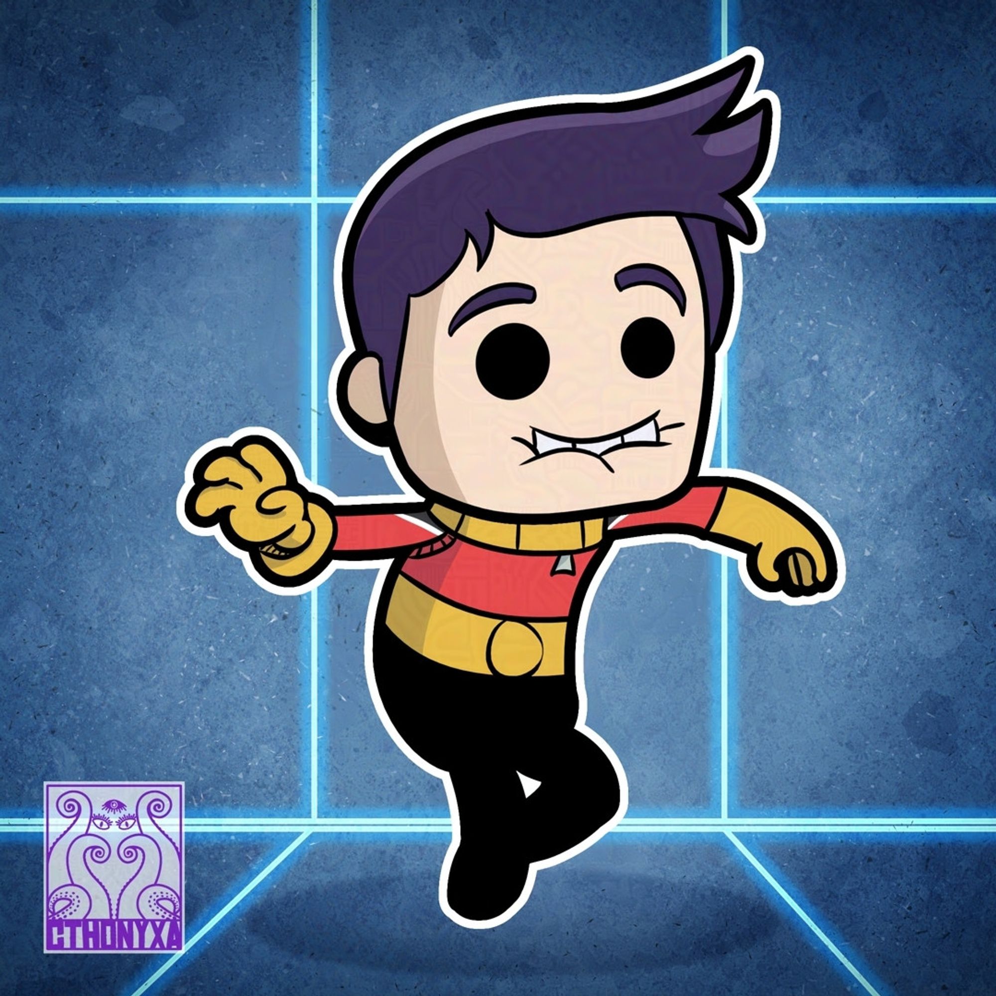 Brad Boimler, from the cartoon Star Trek: Lower Decks, drawn as a dupe from the game Oxygen Not Included, has his arms splayed out, teeth biting his lower lip, and legs posed in the classic twinkletoes animation, His outfit is a combination of his Lower Decks shirt and the classic ONI dupe uniform. The background is blue with a glowing grid reminiscent of the ONI dupe selection screen. Cthonyxa’s signature is on the bottom left.