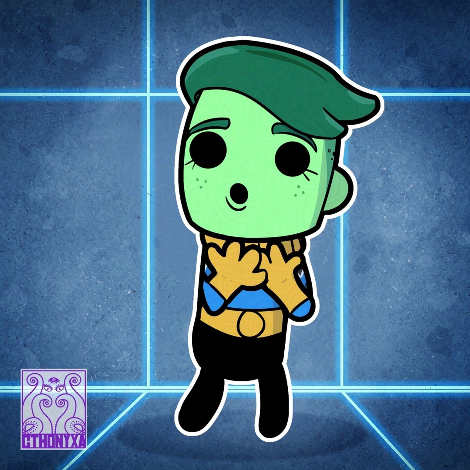 D'Vana Tendi, from the cartoon Star Trek: Lower Decks, drawn as a dupe from the game Oxygen Not Included, is looking off to the left with wide eyes and an o-shaped mouth with her arms splayed out over her chest. Her outfit is a combination of her Lower Decks shirt and the classic ONI dupe uniform. The background is blue with a glowing grid reminiscent of the ONI dupe selection screen. Cthonyxa’s signature is on the bottom left.