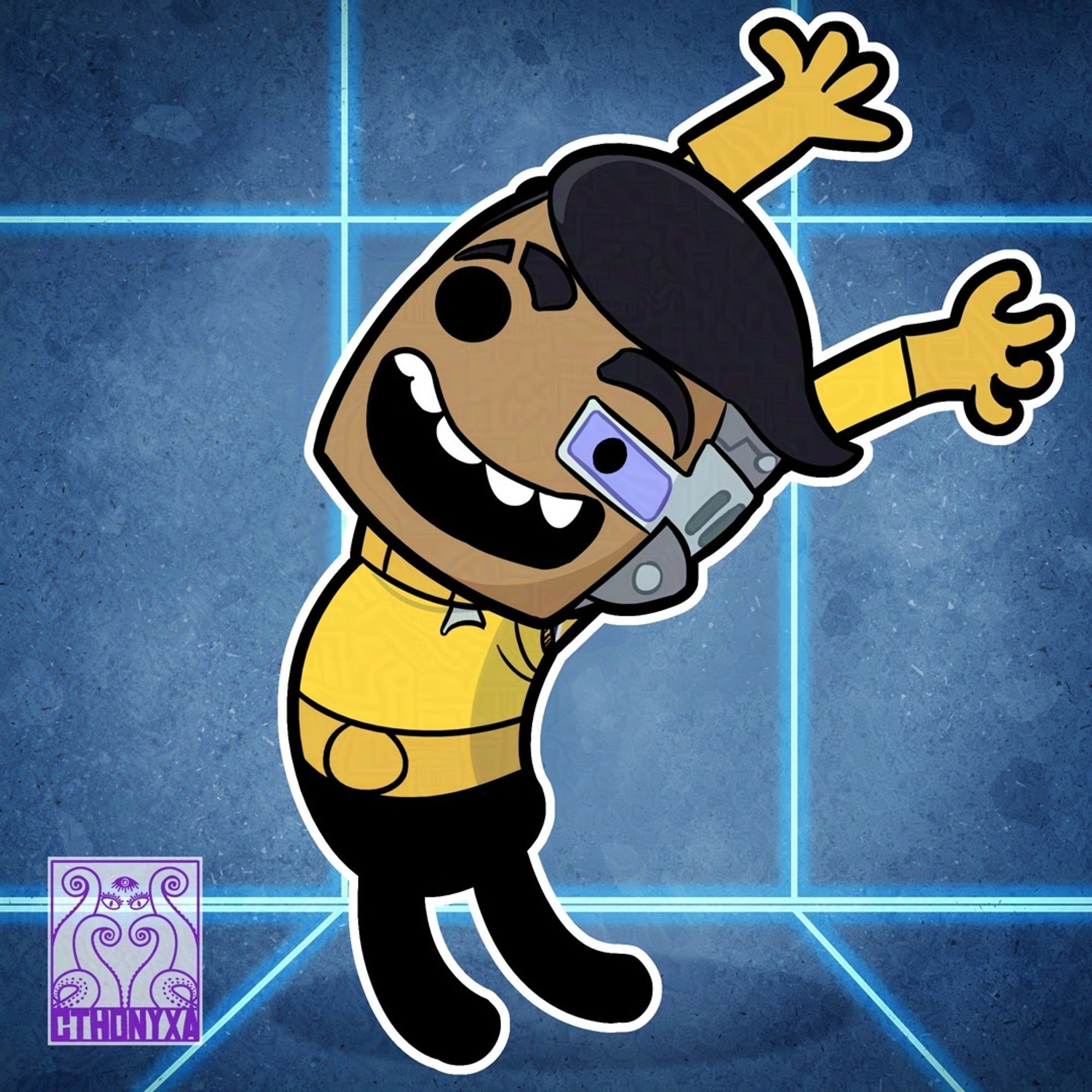 Sam Rutherford, from the cartoon Star Trek: Lower Decks, drawn as a dupe from the game Oxygen Not Included, is stretched out in an arch with a wide, joyous smile on his face, His outfit is a combination of his Lower Decks shirt and the classic ONI dupe uniform. The background is blue with a glowing grid reminiscent of the ONI dupe selection screen. Cthonyxa’s signature is on the bottom left.