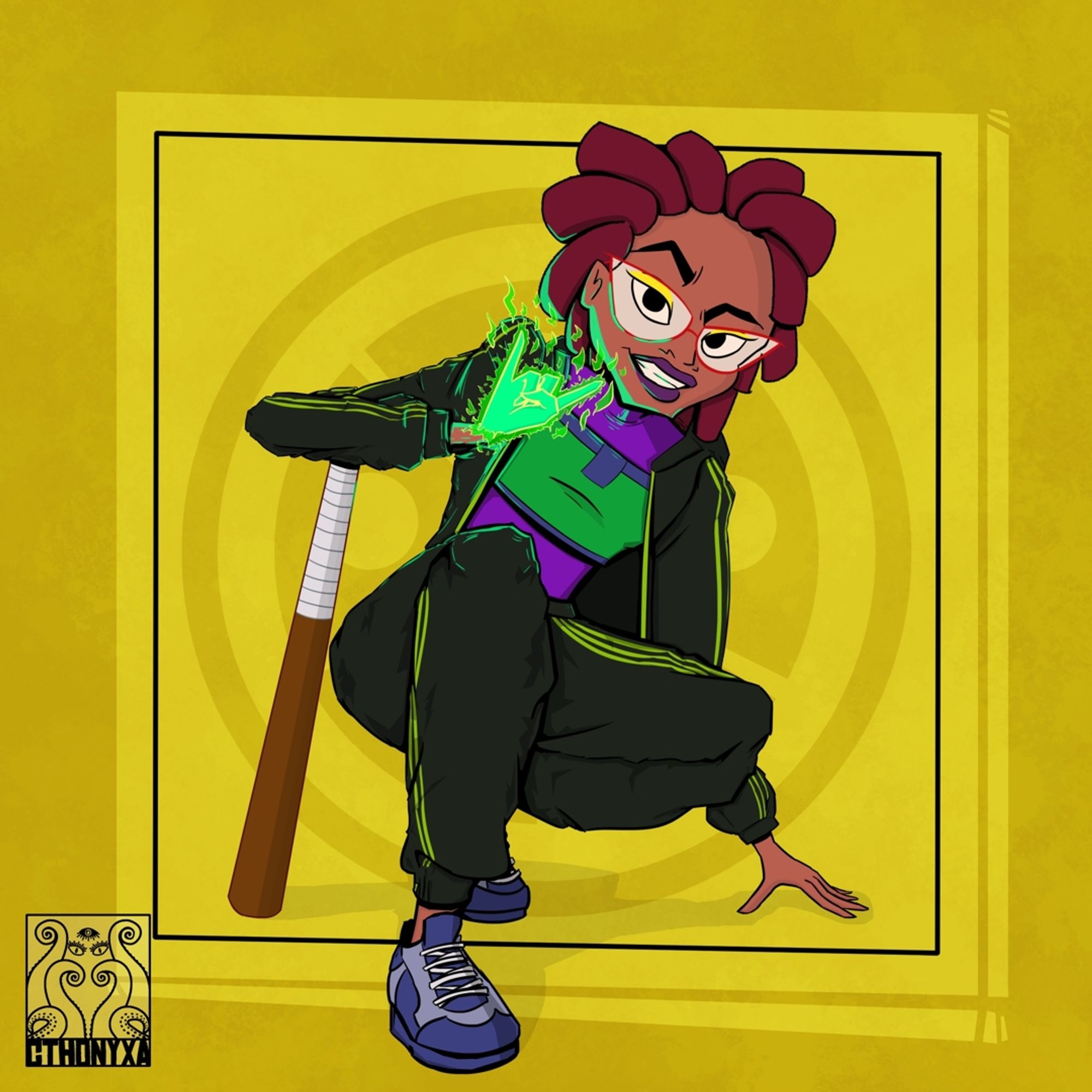 April O'Neil squats with one leg in front, close to the viewer, and the other leg in back for support. Her left hand is splayed on the ground for support, while her right forearm rests on her wooden bat. She has short, chunky dreadlocks, bright yellow eyeshadow, and deep purple lipstick. She's flashing the viewer a toothy grin that looks slightly menacing as her right hand--lit up a glowing green with her ninpō--gives the punk rock hand-horns sign. She's wearing a black jogging suit with neon yellowish-green stripes down the sides. The jacket is open to reveal a bright purple turtleneck with a green crop top over it. The crop top has a blueish-purple horizontal stripe with a vertical rectangle in the middle. She's wearing purple sneakers with white laces. The background is yellow, with a lighter square framing the character and the Hamato clan symbol behind them. The Cthonyxa signature is in the lower left of the drawing.