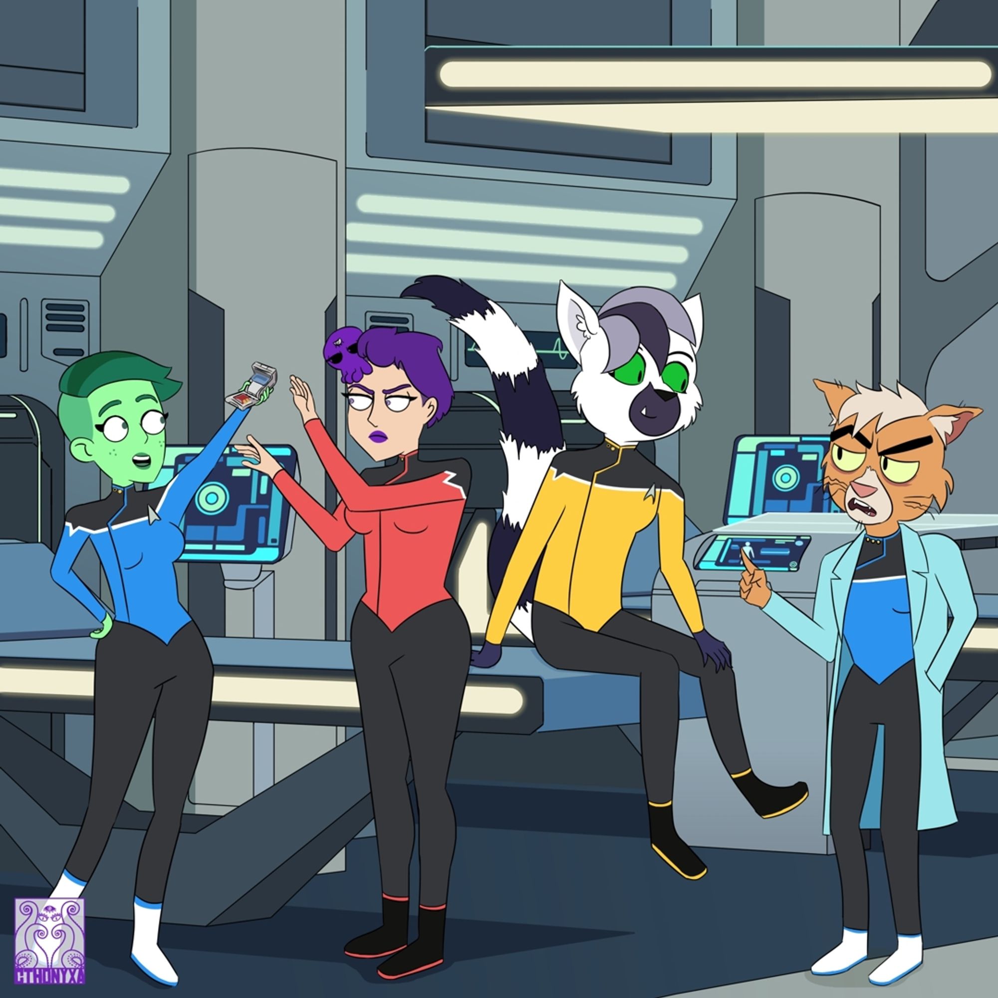 Four people drawn in the Lower Decks style are in the sickbay of the USS Cerritos. On the left D'vana Tendi, a female Orion Starfleet sciences division junior officer with light green skin and dark green hair styled into an undercut, holds a tricorder up towards the squid on Cthonyxa's head. Cthonyxa presents as a command division ensign with purple lipstick that matches the color of her undercut. She raises her hands to bat away the offending item, while she and the squid glare at the Lieutenant with matching annoyance. Next to her engineering division junior officer Lemurcat, a black-and-white ring-tailed lemur anthro with green eyes, sits on a biobed and looks down at chief medical officer T'ana with a smile. T'ana, looking frazzled as usual, has one hand in her coat and the other pointing up at Lemurcat. The Cthonyxa signature is in the lower left.