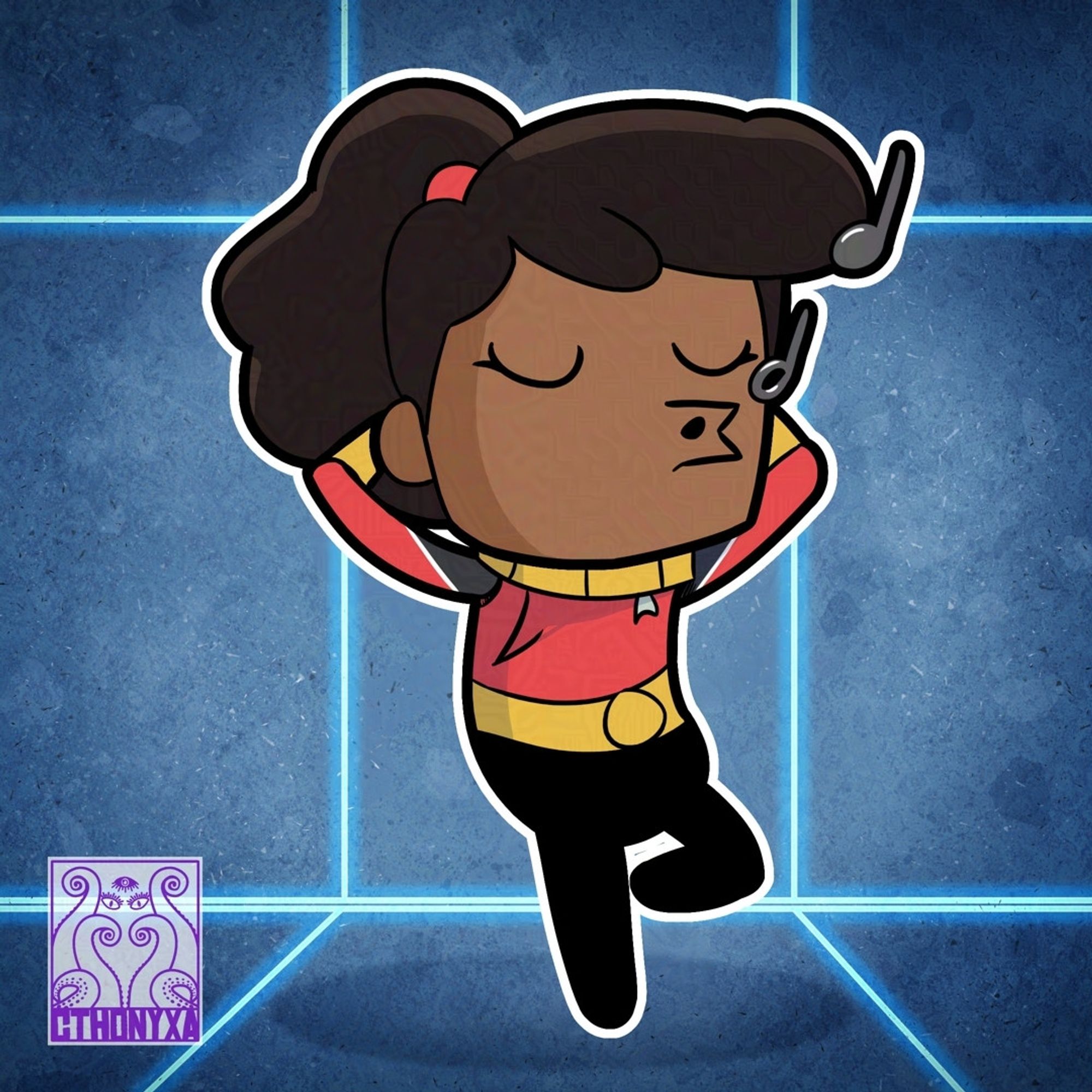 Beckett Mariner, from the cartoon Star Trek: Lower Decks, drawn as a dupe from the game Oxygen Not Included, is whistling with her arms behind her head and her legs posed as if leaning against a wall while music notes float around her, Her outfit is a combination of her Lower Decks shirt and the classic ONI dupe uniform. The background is blue with a glowing grid reminiscent of the ONI dupe selection screen. Cthonyxa’s signature is on the bottom left.