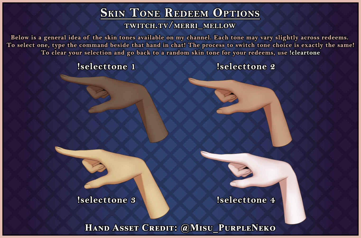 An image describing how to select a skin tone to use for Merri Mellow's Twitch channel point redeems. 