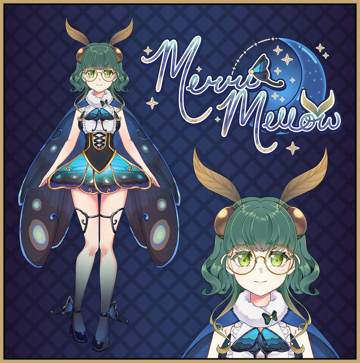 A reference image of Merri Mellow. She's a vtuber with a model that looks like a mix between an anime woman and a moth. She has green hair, green eyes, and a blue cape that looks a bit like moth or butterfly's wings. Her skirt starts as bright teal and becomes black and purple at the bottom, with the shape also looking like moth or butterfly wings.