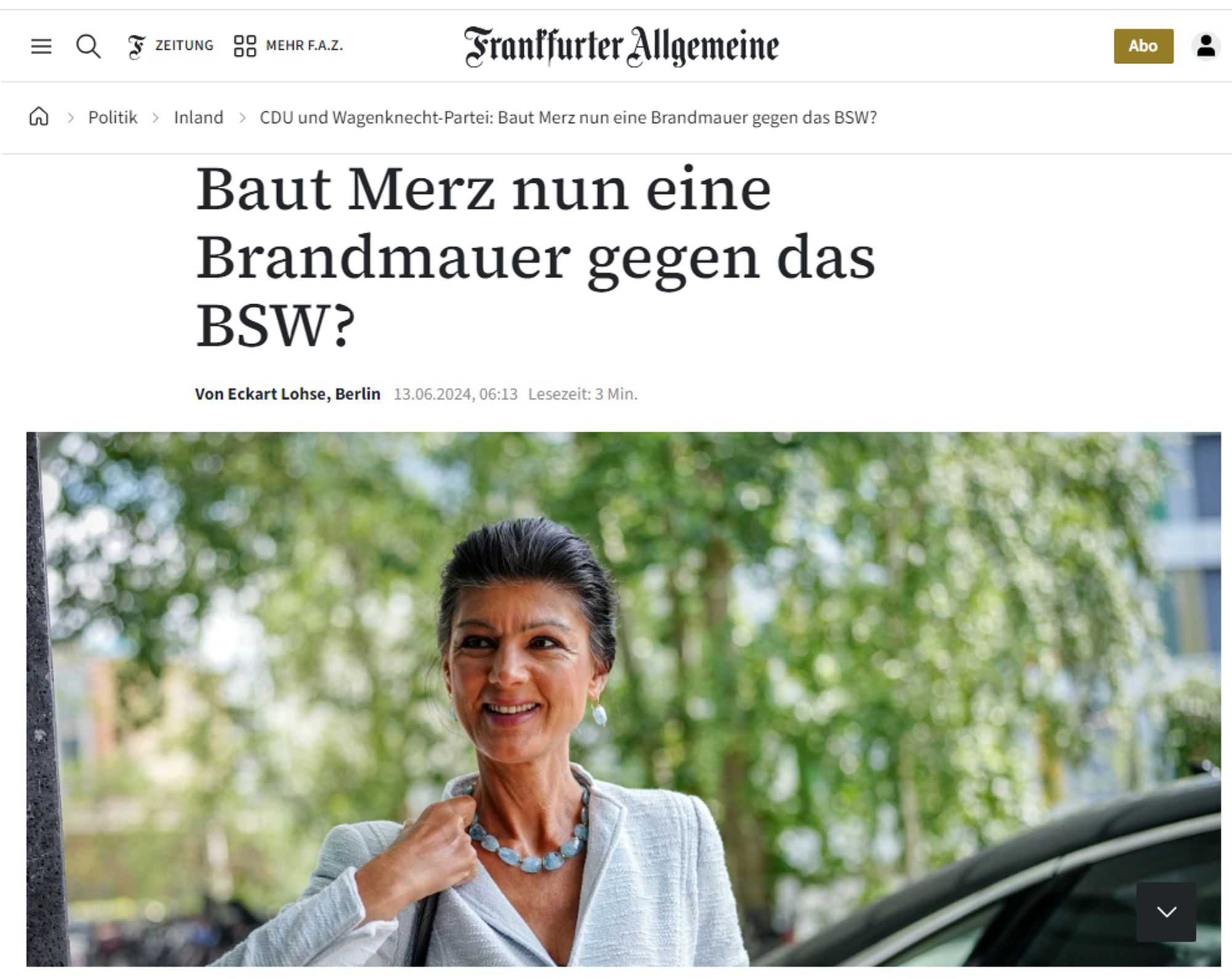 FAZ:
Baut Merz nun eine Brandmauer gegen das BSW?
Der CDU-Vorsitzende teilt gegen die neue Partei aus – und erntet dafür Widerspruch aus den eigenen Reihen. Mit Blick auf die Landtagswahlen in Ostdeutschland ringt die Partei um den Umgang mit den Wagenknecht-Leuten.