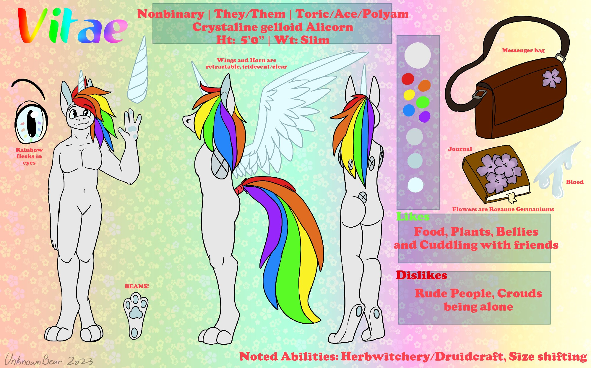 Ref sheet for alicorn. Rainbow haired, with a front, back and side view.