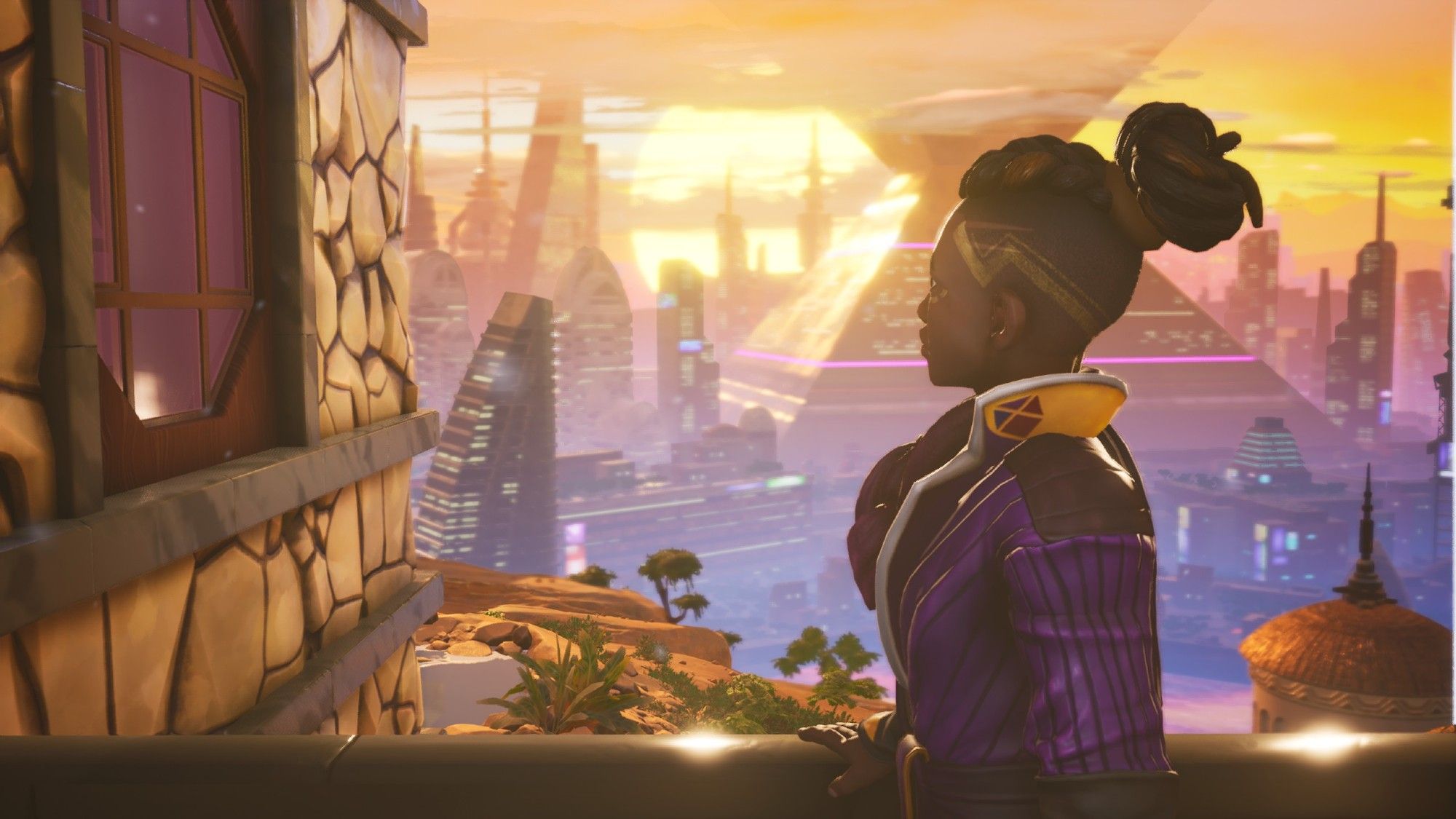 A dark skinned young man looks away from the camera toward a setting sun over a futuristic city. He's got locs in an updo, wearing a purple and black jacket.