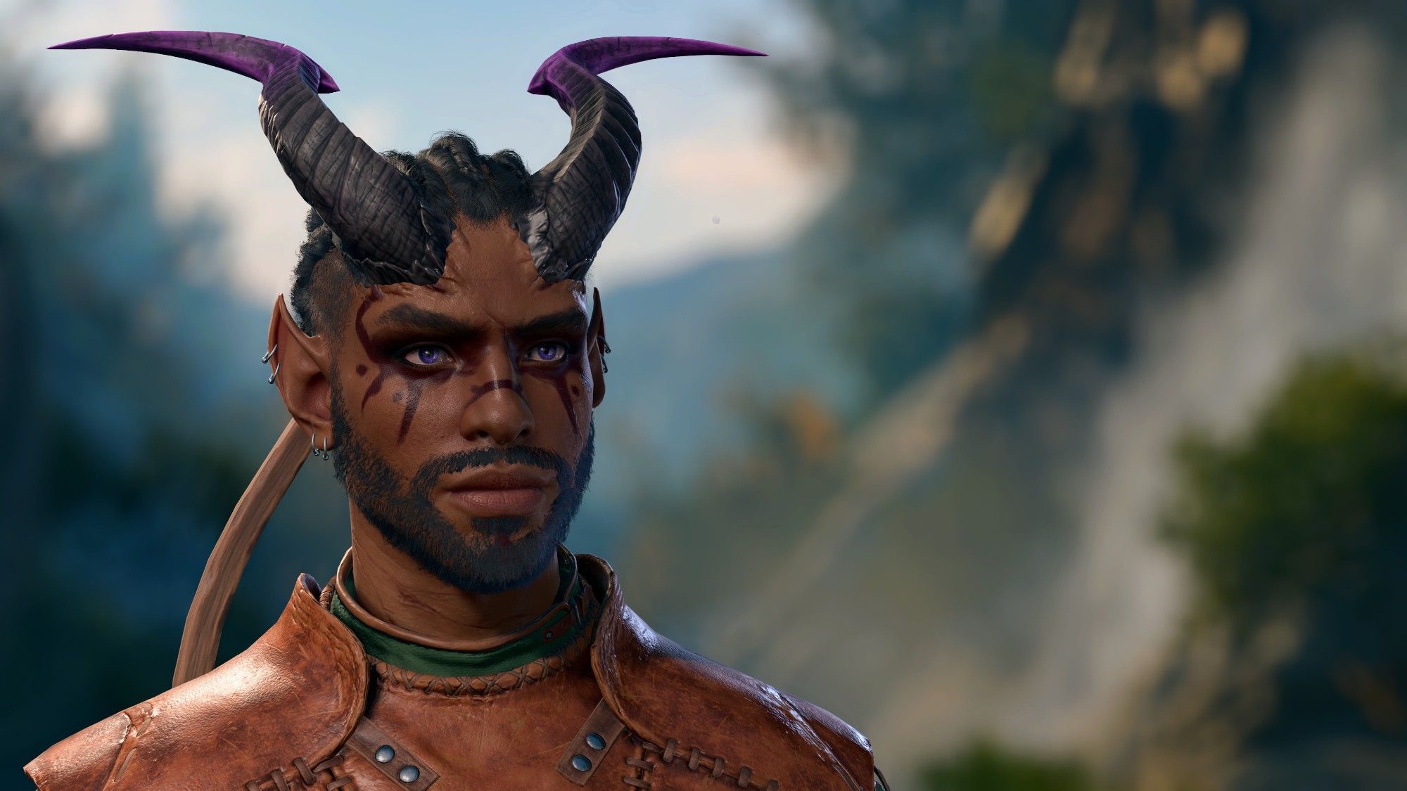 Male tiefling facing toward the viewer. Brown skinned, wide horns and a smirk.