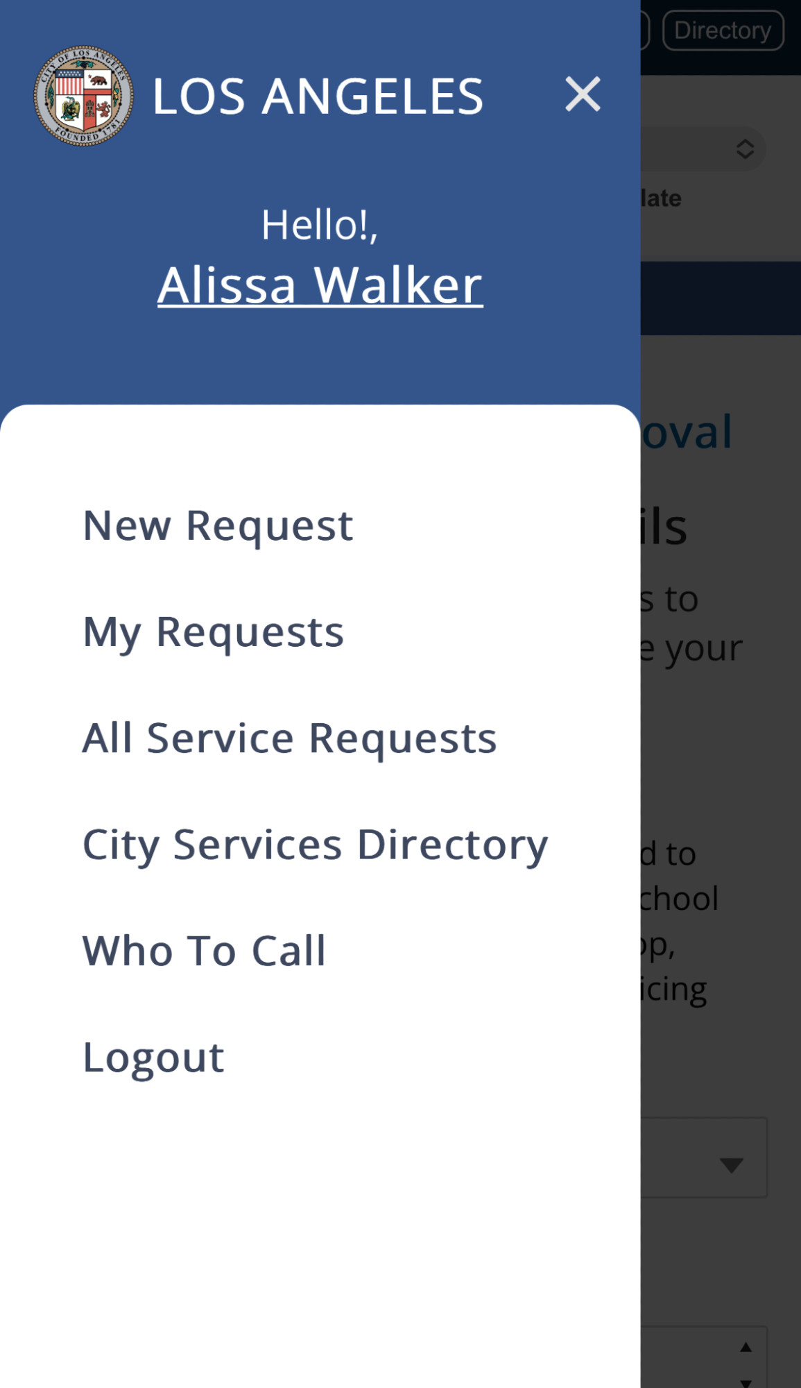 The login screen for the 311 app: 

LOS ANGELES
Hello!,
Alissa Walker
New Request
My Requests
All Service Requests
City Services Directory
Who To Call
Logout