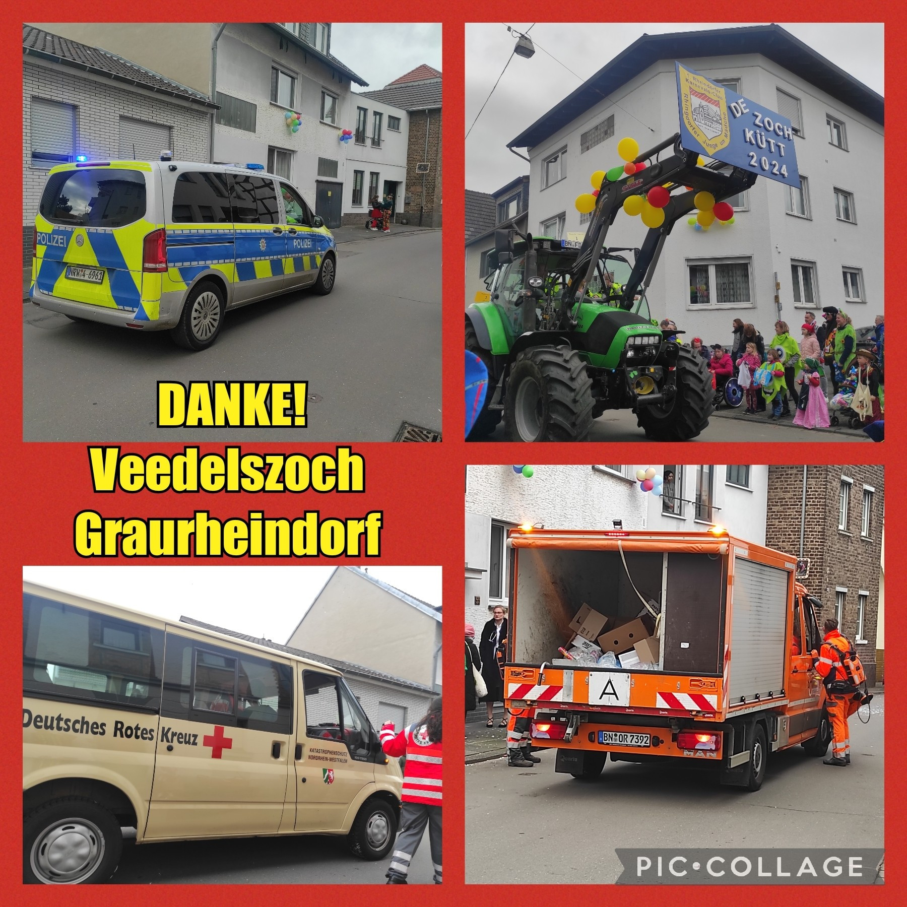 Veedelszoch in Bonn Graurheindorf 2024. Collage mit einem Polizeifahrzeug, einem Rettungsdienst-Fahrzeug, einem Traktor an der Zugspitze und einem Abfallfahrerzeug am Zugende.