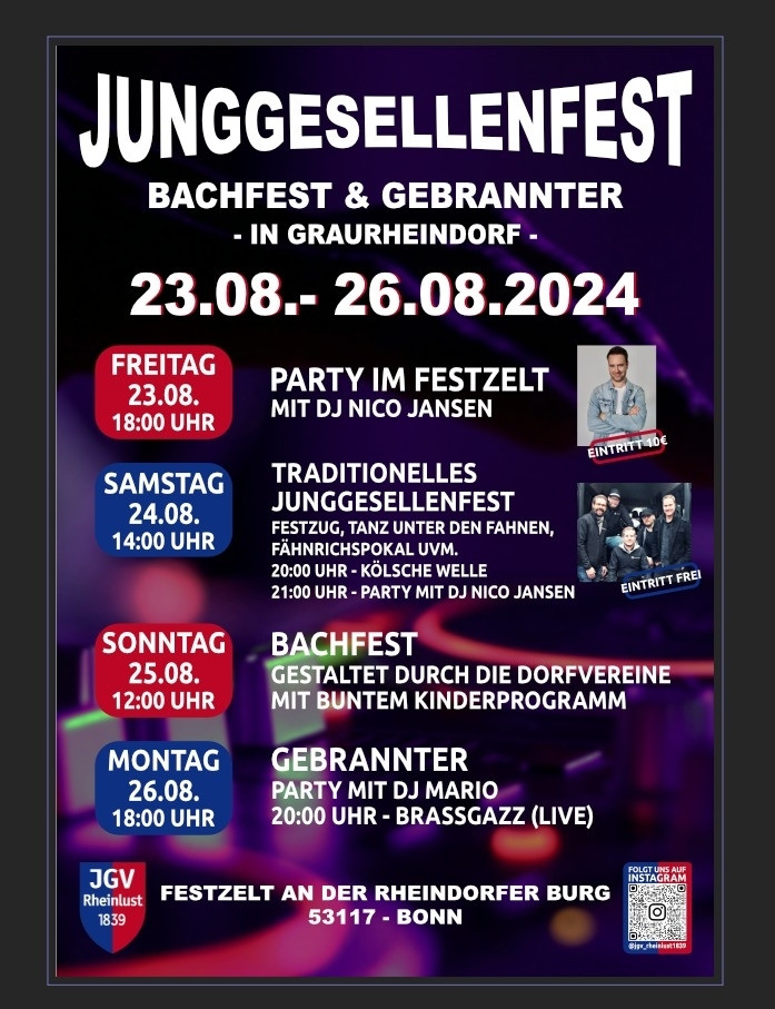 Plakat zum großen Festwochenende am letzten August-Wochenende in Bonn-Graurheindorf.