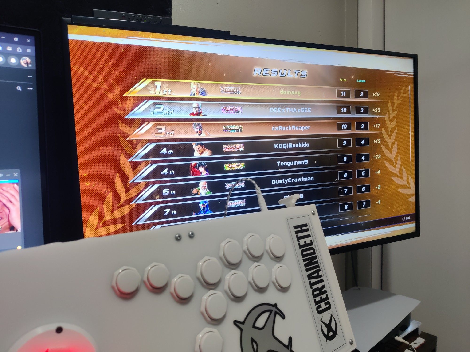 A photo of my custom arcade controller in front of a screen with the results of a league battle in Virtua Fighter 5: Ultimate Showdown.

1st: 11-2 (+19) domaug (myself) - Lion
2nd: 10-3 (+22) DEExTHAxGEE - Lau
3rd: 10-3 (+17) daRockReaper - El Blaze 
tied 4th: 9-4 (+12) KDQ|Bushido - Taka
tied 4th: 9-4 (+12) Tenguman9 - Aoi
6th: 8-5 (+4) DustyCrawlman - Shun
7th: 7-6 (-2) Dbbhr5 - Kage