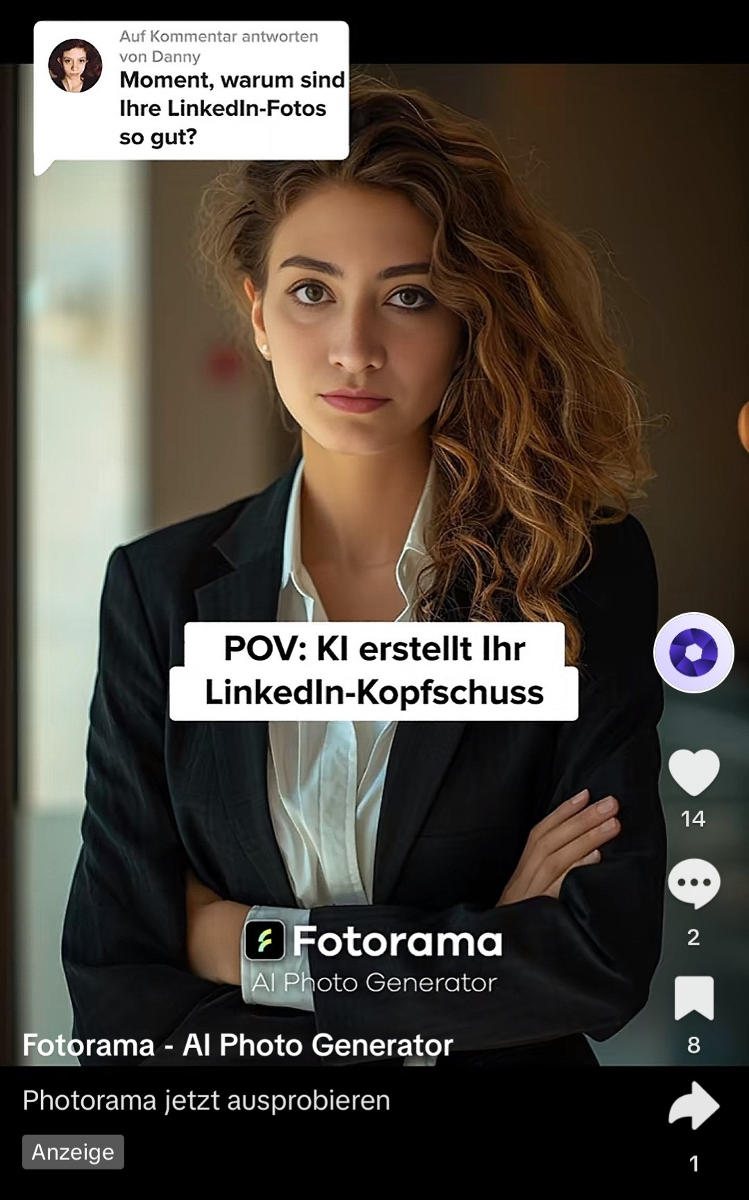 TikTok Werbung für eine App, die mit KI Bewerbungsfotos erstellt.
Text: KI erstellt ihr LinkedIn-Kopfschuss