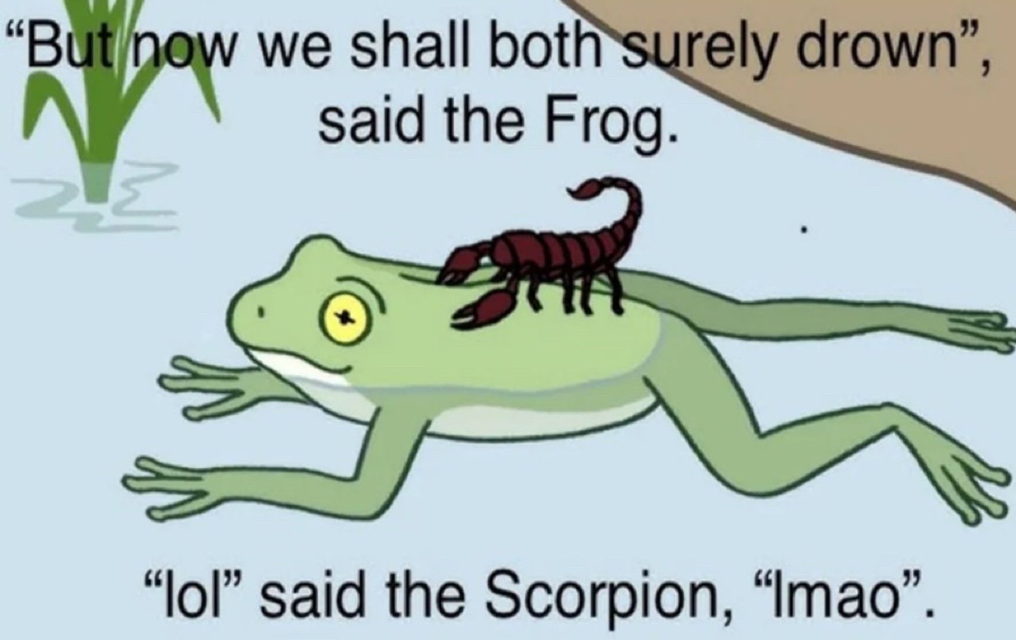 A scorpion on top of of a frog, crossing a river

“But now we shall both surely drown” said the Frog.
“Lol” said the Scorpion, “lmao”