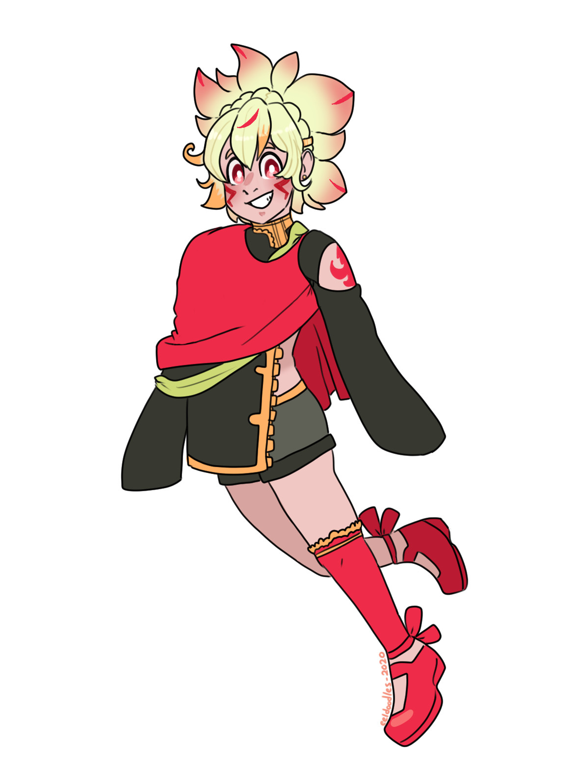 Original design was bought from Inkcurry on X/Twitter. An individual (they/them) with bright blonde hair that gradients into pink, with little red accents. Their eyes are pink, and they're wearing mostly red, with a red cape and red shoes and one red leg warmer. They're wearing a black jacket and grey shorts. I want to redesign this a bit more because of all the ideas I have, but this will always be Lilika Standard in my heart.