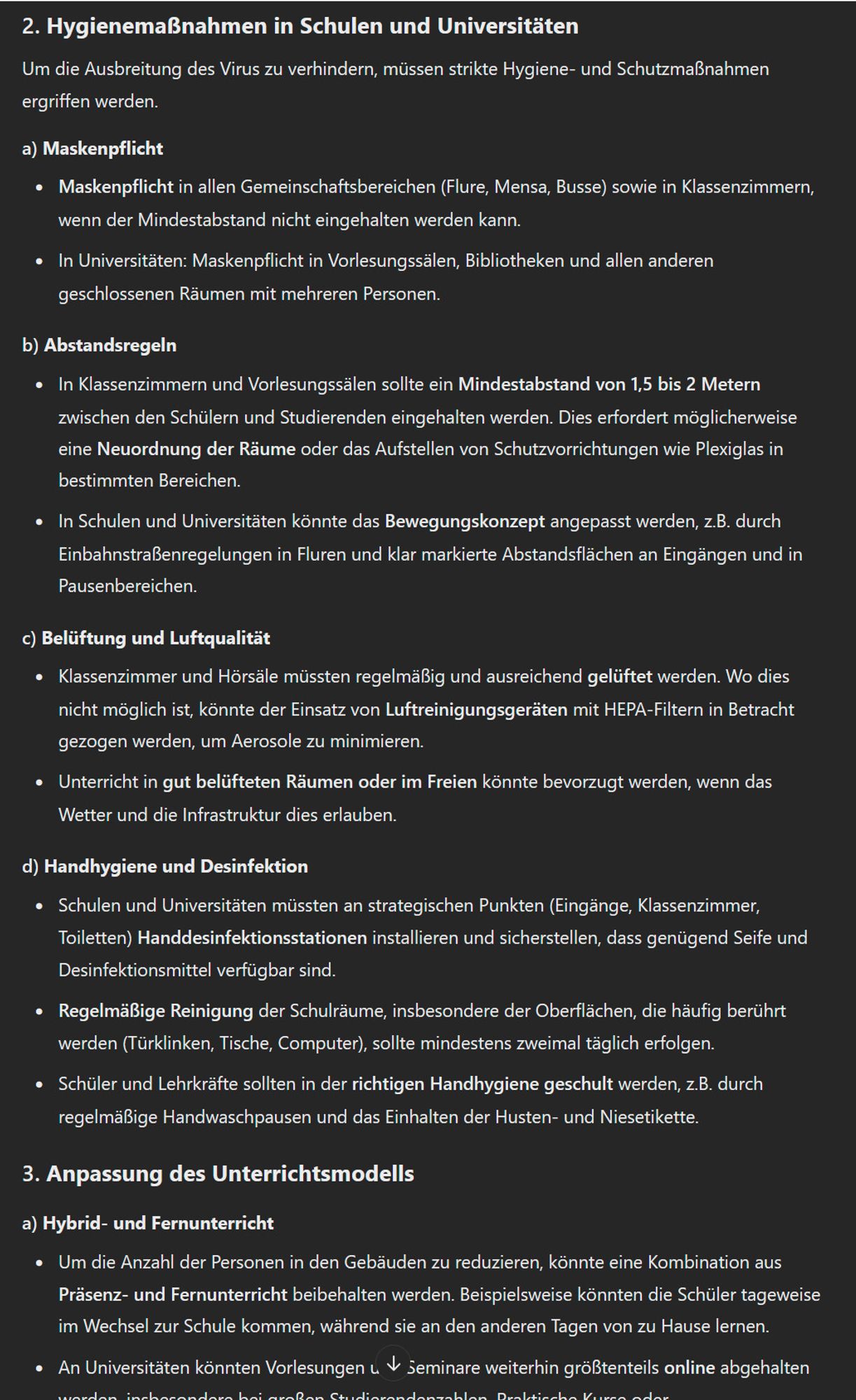 ChatGPT plant in den Schulen mit Maskenpflicht, Hybridunterricht, Abständen sowie Luftqualität durch belüftung/Hepa-Filter.