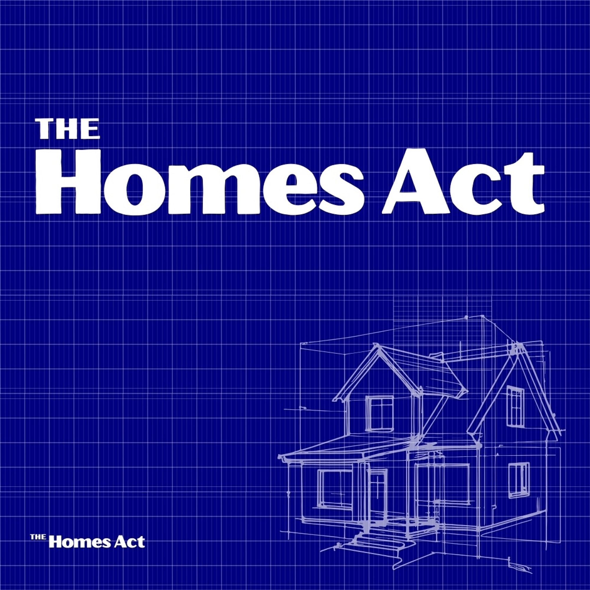 White text on blueprint style background with sketch of home on bottom right. Top says “the homes act”