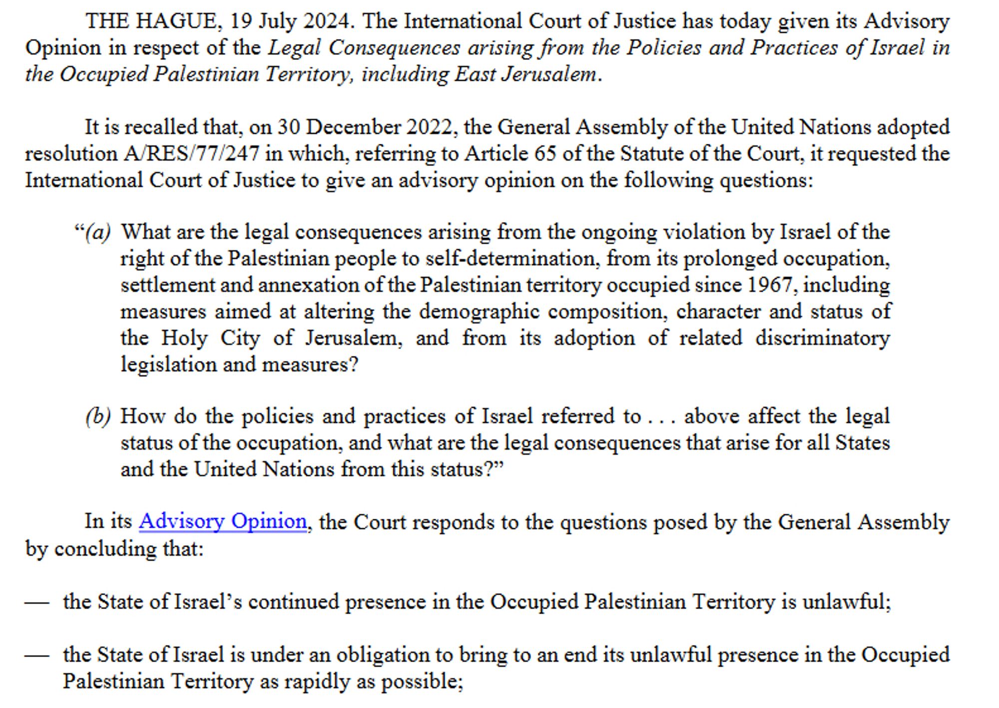 Unlawful occupation of Palestine by Israel ~ The Hague, International Court of Justice 14 July 2024.