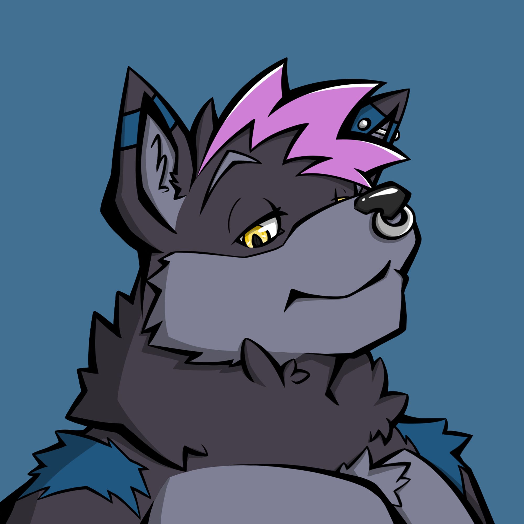 Headshot image of Kyzie the wolf, pretty simple with a simple background. He is looking down at the viewer with half-lidded eyes