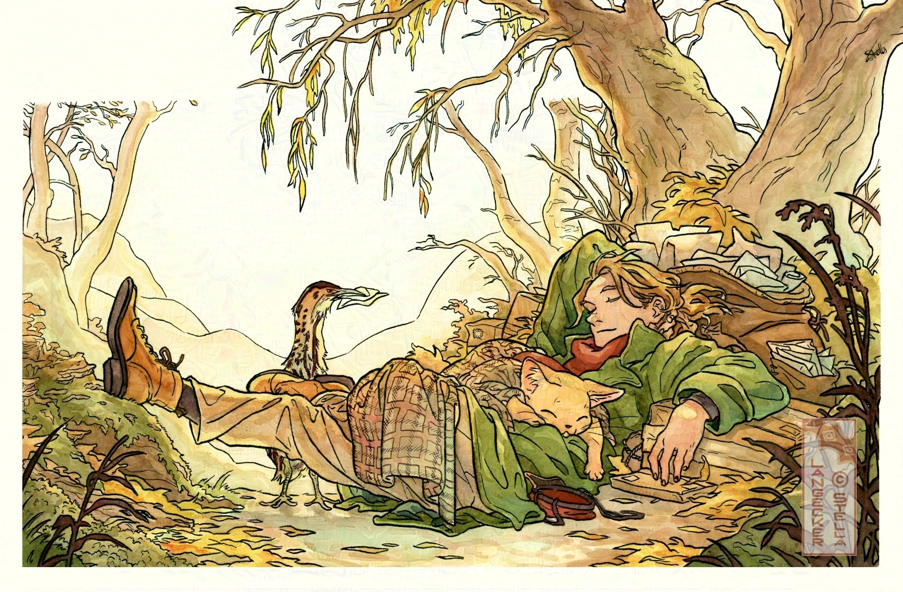 A watercolor illustration depicting an autumnal scene. The two postal workers (the cat and the human in the green wool coat) sleep beneath a willow whose leaves have turned bright yellow. The mail to be delivered serves as there cushion. A bittern looks on in annoyance.