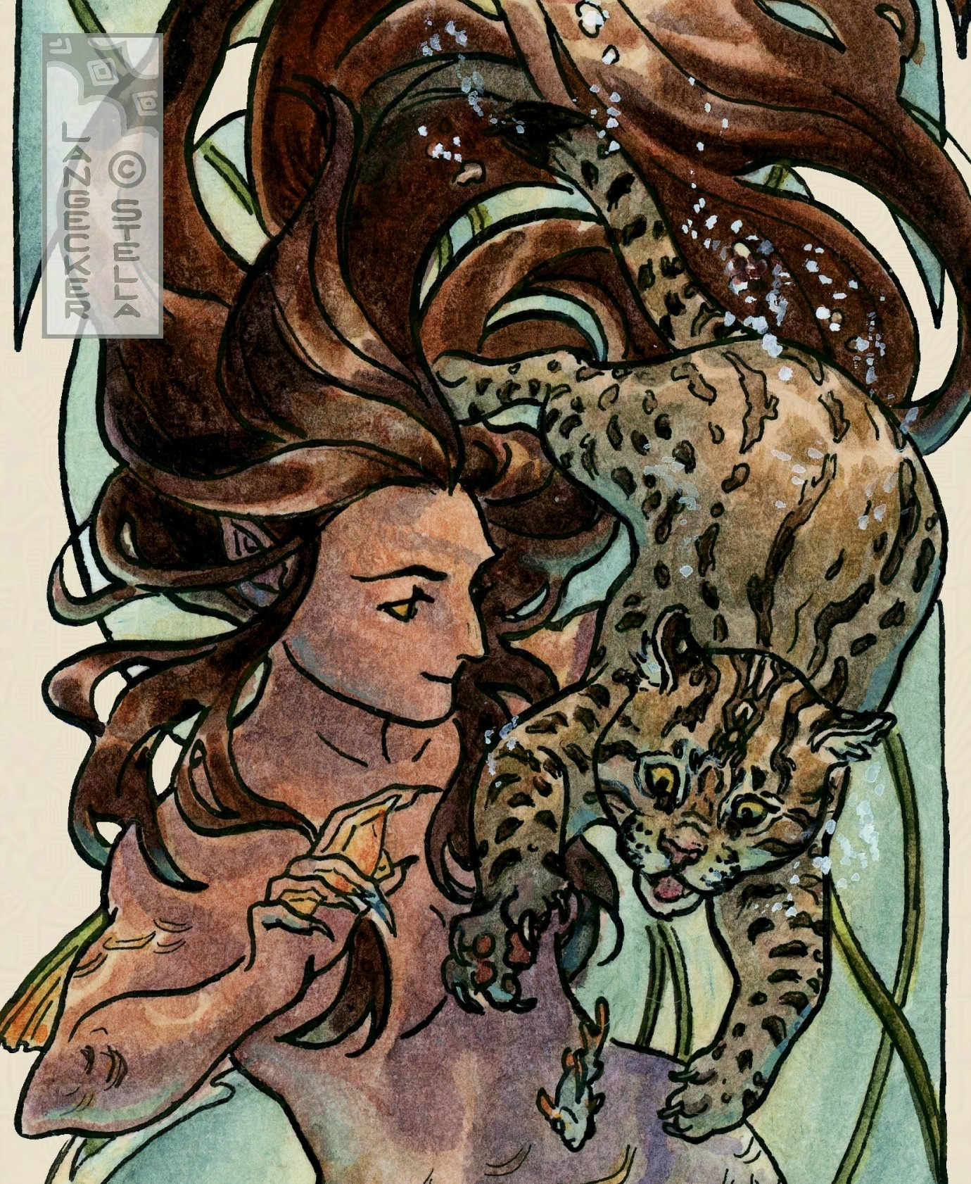 A close-up of a watercolor illustration depicting a mermaid with a fishing cat. Her dark hair floats in the water. The cat is reaching for a fish.