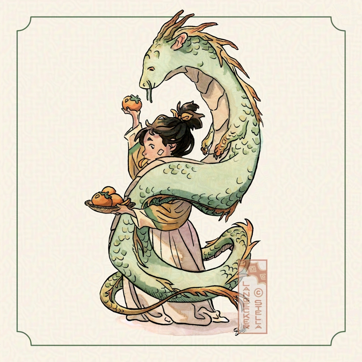 A spot-illustration of a little girl in a hanbok feeding persimmons to her green pet dragon. 