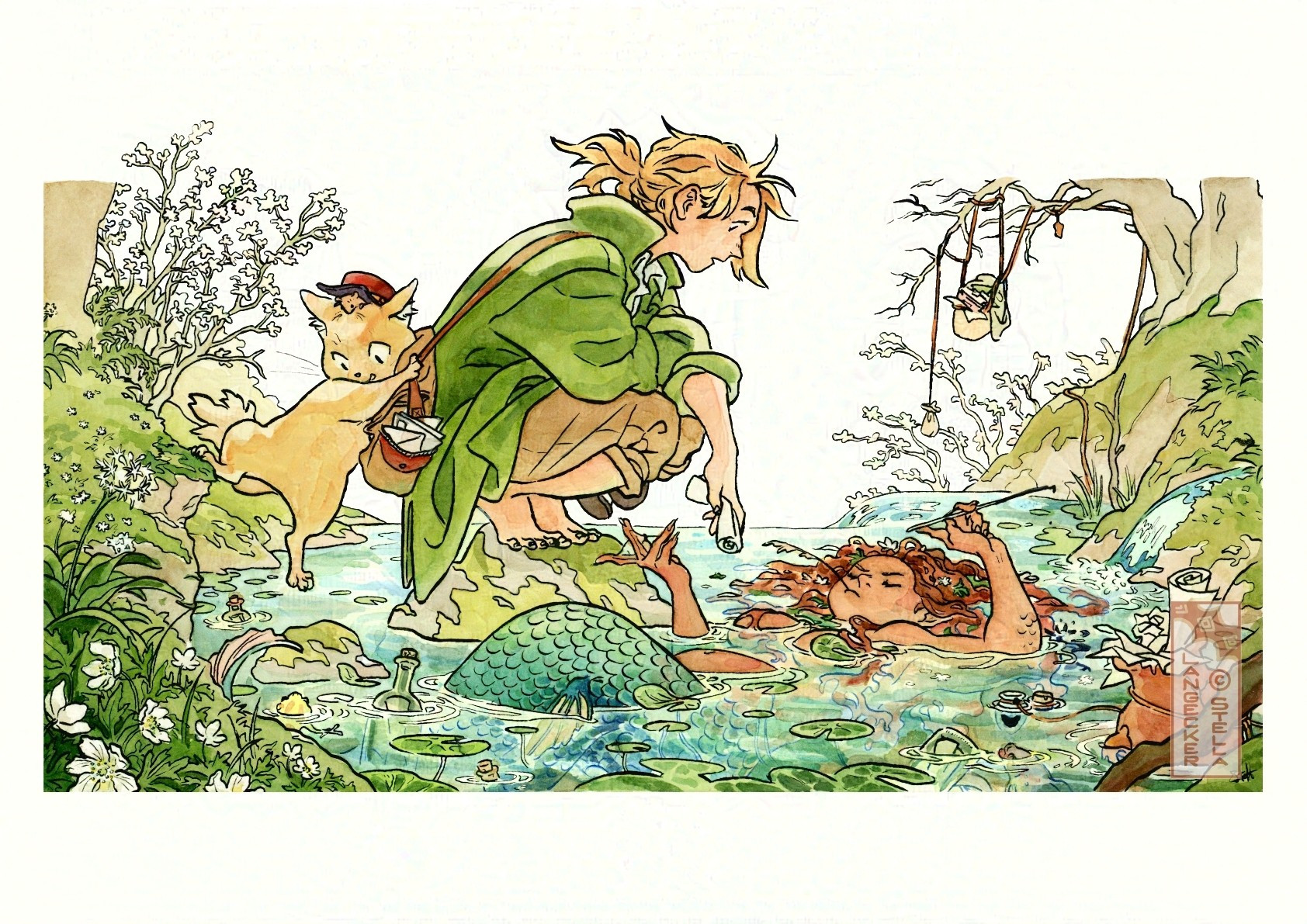 A watercolor illustration depicting two postal workers (one of them a cat, the other a blonde person in a green coat) preacriously balancing on the rocks in a pond to deliver a message to the local mermaid. She's floating on the water's surface, pensive, her trash amphora full of discarded attempts and ideas. Ink drops from her pen. It's spring and the anemones around the pond are in full bloom.